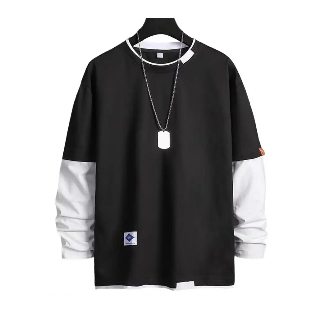 Men T-shirt Chic Color Matching Fall Spring Top Streetwear Men Spring T-shirt Crew Neck Color Matching Men Top Men Clothes - La Tienda Bella
