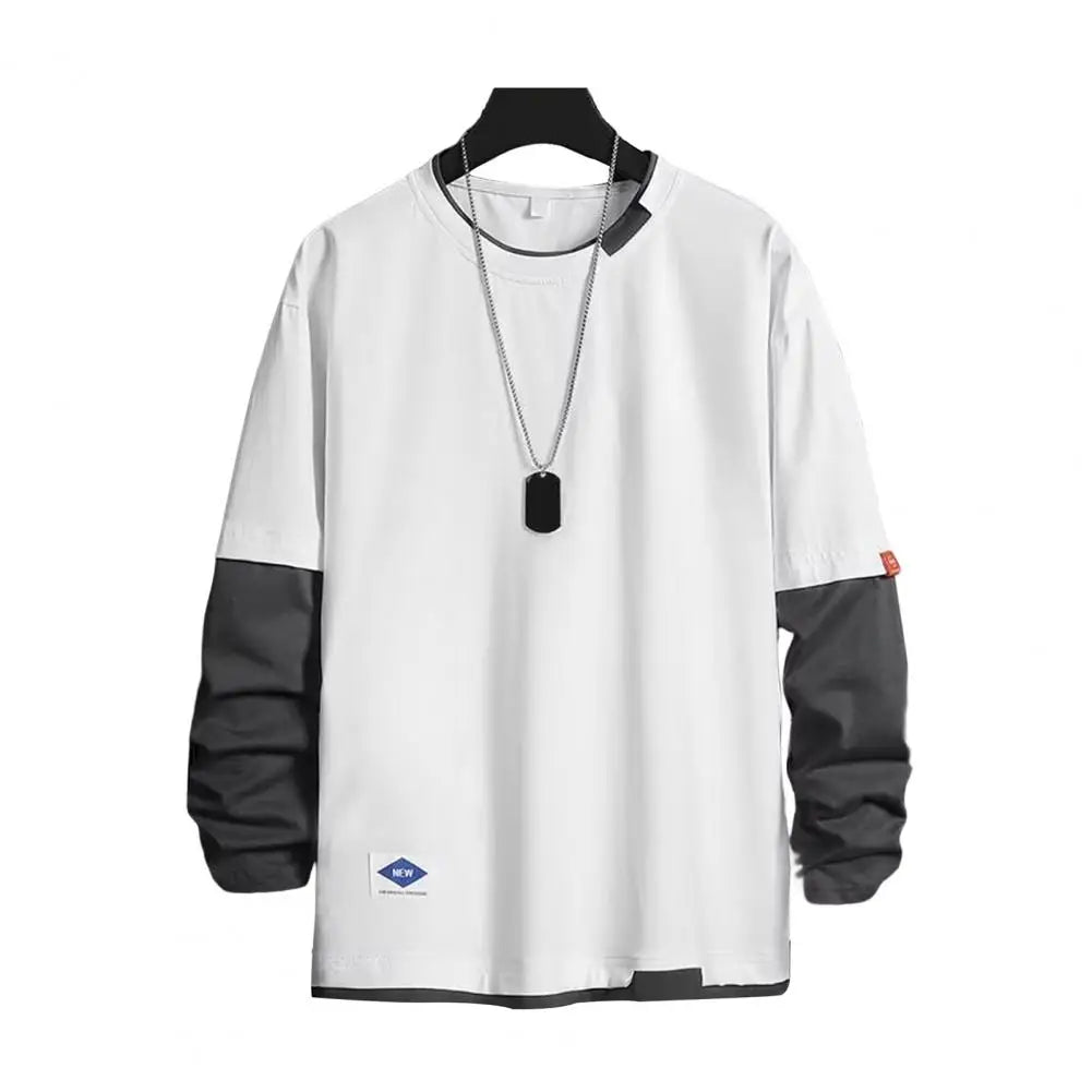 Men T-shirt Chic Color Matching Fall Spring Top Streetwear Men Spring T-shirt Crew Neck Color Matching Men Top Men Clothes - La Tienda Bella