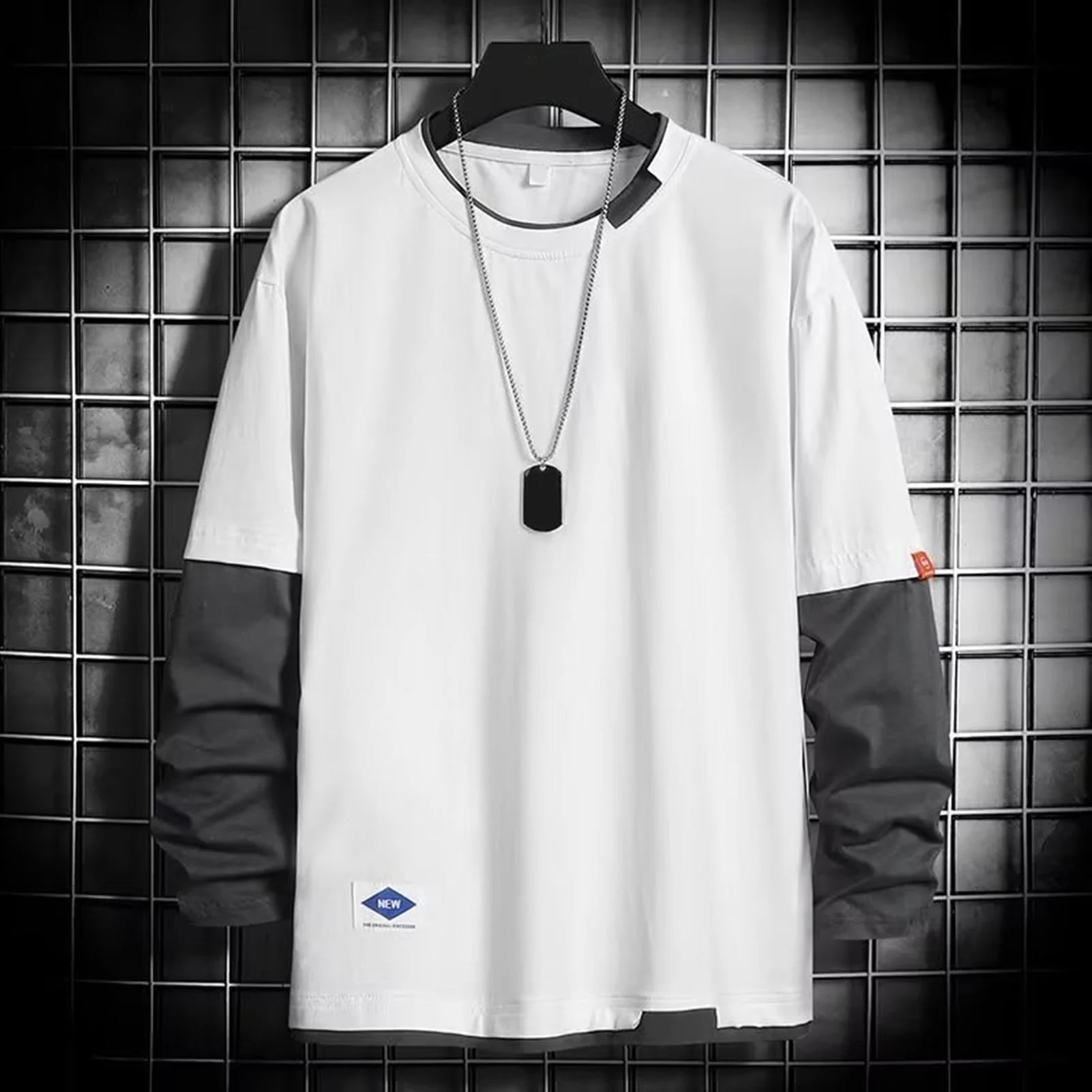 Men T-shirt Chic Color Matching Fall Spring Top Streetwear Men Spring T-shirt Crew Neck Color Matching Men Top Men Clothes - La Tienda Bella