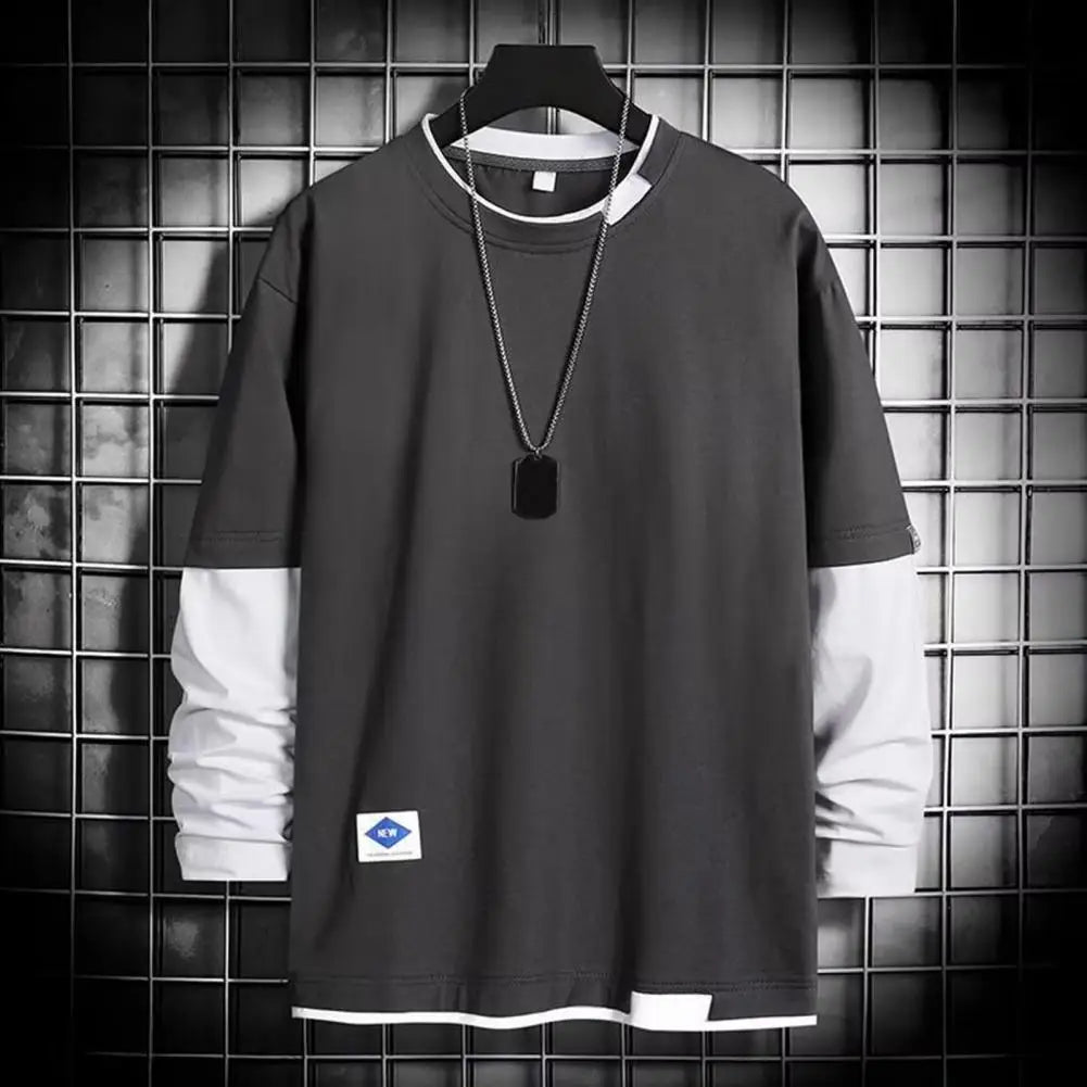 Men T-shirt Chic Color Matching Fall Spring Top Streetwear Men Spring T-shirt Crew Neck Color Matching Men Top Men Clothes - La Tienda Bella
