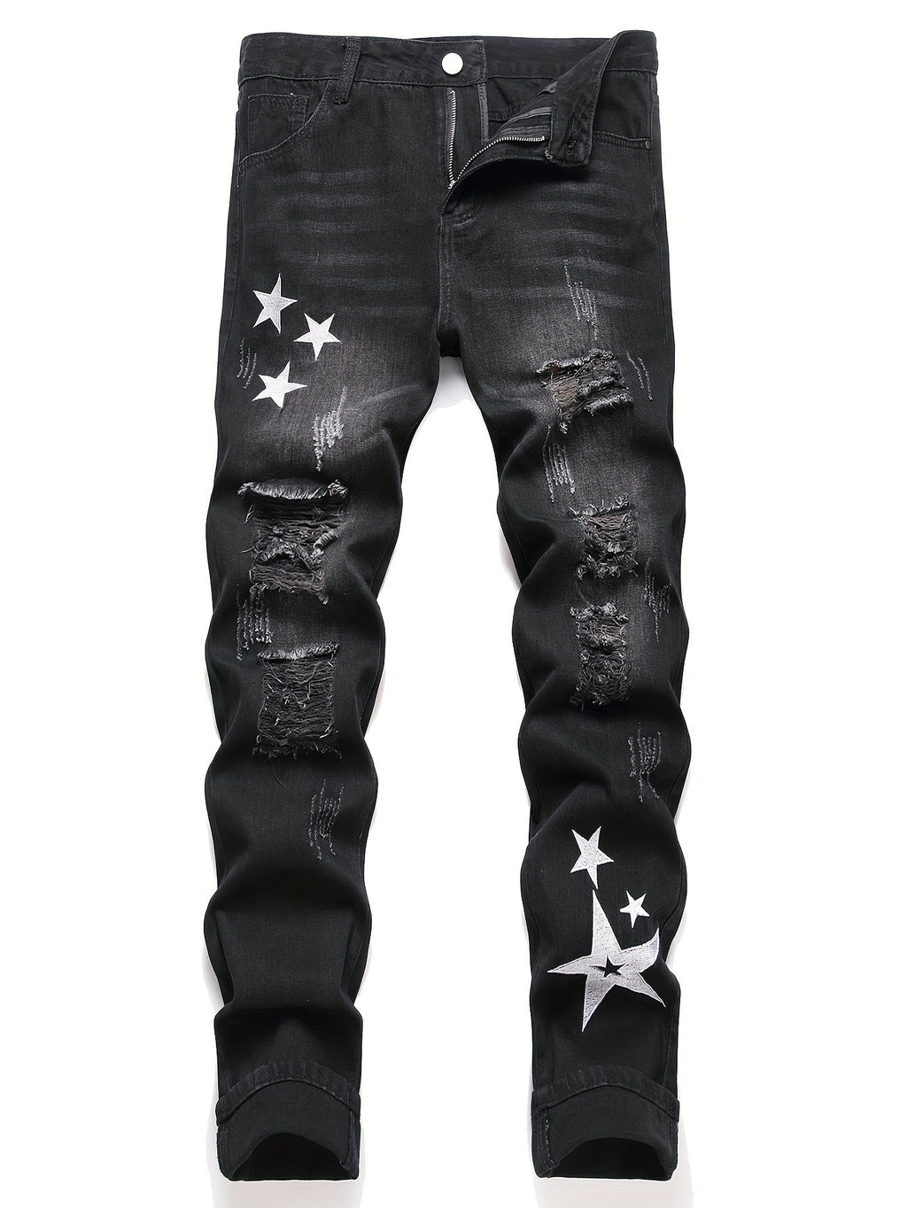 Men's Denim Jeans with Star Embroidery - Street Style, Regular Fit, Non - Stretch, Conventional Length, Suitable for All Seasons, Water Washed, Regular Closure with Built - in Zipper, Suitable for Men, Woven by Skein Weaving, Pat - La Tienda Bella
