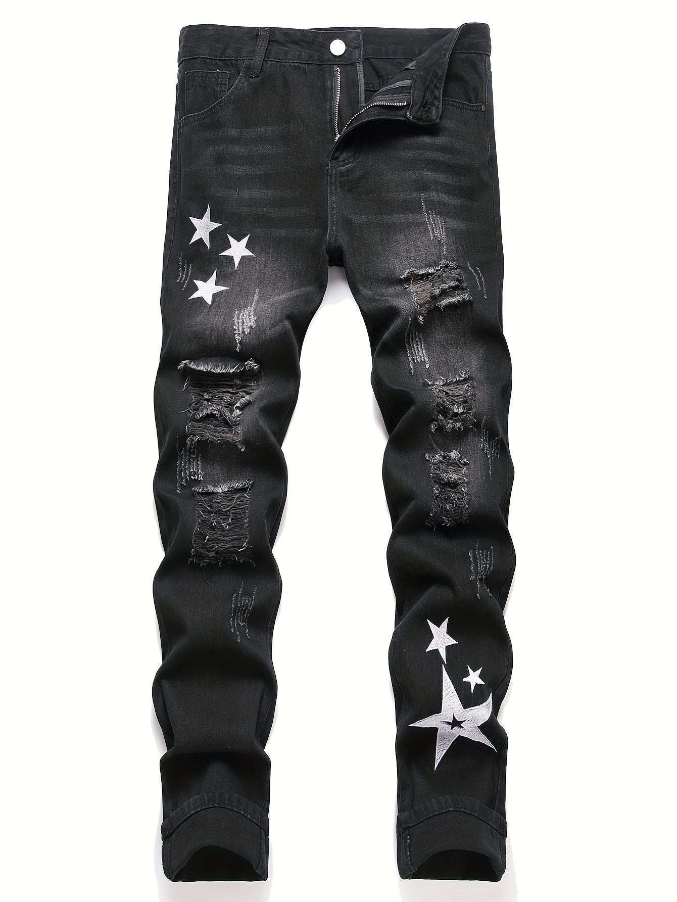 Men's Denim Jeans with Star Embroidery - Street Style, Regular Fit, Non - Stretch, Conventional Length, Suitable for All Seasons, Water Washed, Regular Closure with Built - in Zipper, Suitable for Men, Woven by Skein Weaving, Pat - La Tienda Bella