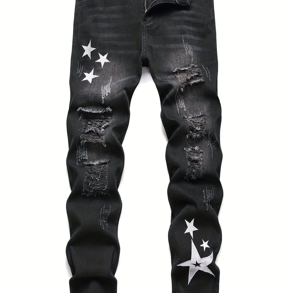 Men's Denim Jeans with Star Embroidery - Street Style, Regular Fit, Non - Stretch, Conventional Length, Suitable for All Seasons, Water Washed, Regular Closure with Built - in Zipper, Suitable for Men, Woven by Skein Weaving, Pat - La Tienda Bella
