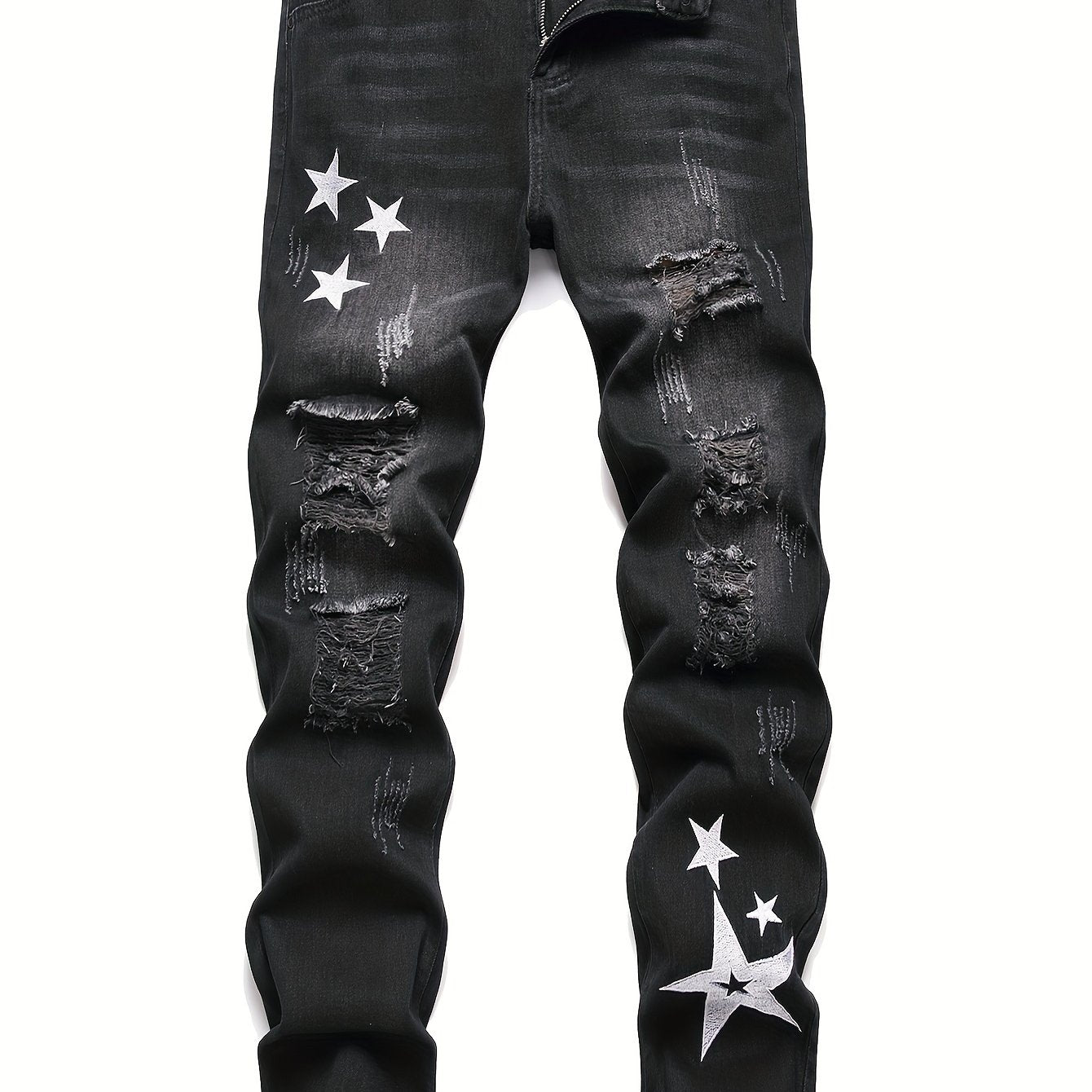 Men's Denim Jeans with Star Embroidery - Street Style, Regular Fit, Non - Stretch, Conventional Length, Suitable for All Seasons, Water Washed, Regular Closure with Built - in Zipper, Suitable for Men, Woven by Skein Weaving, Pat - La Tienda Bella
