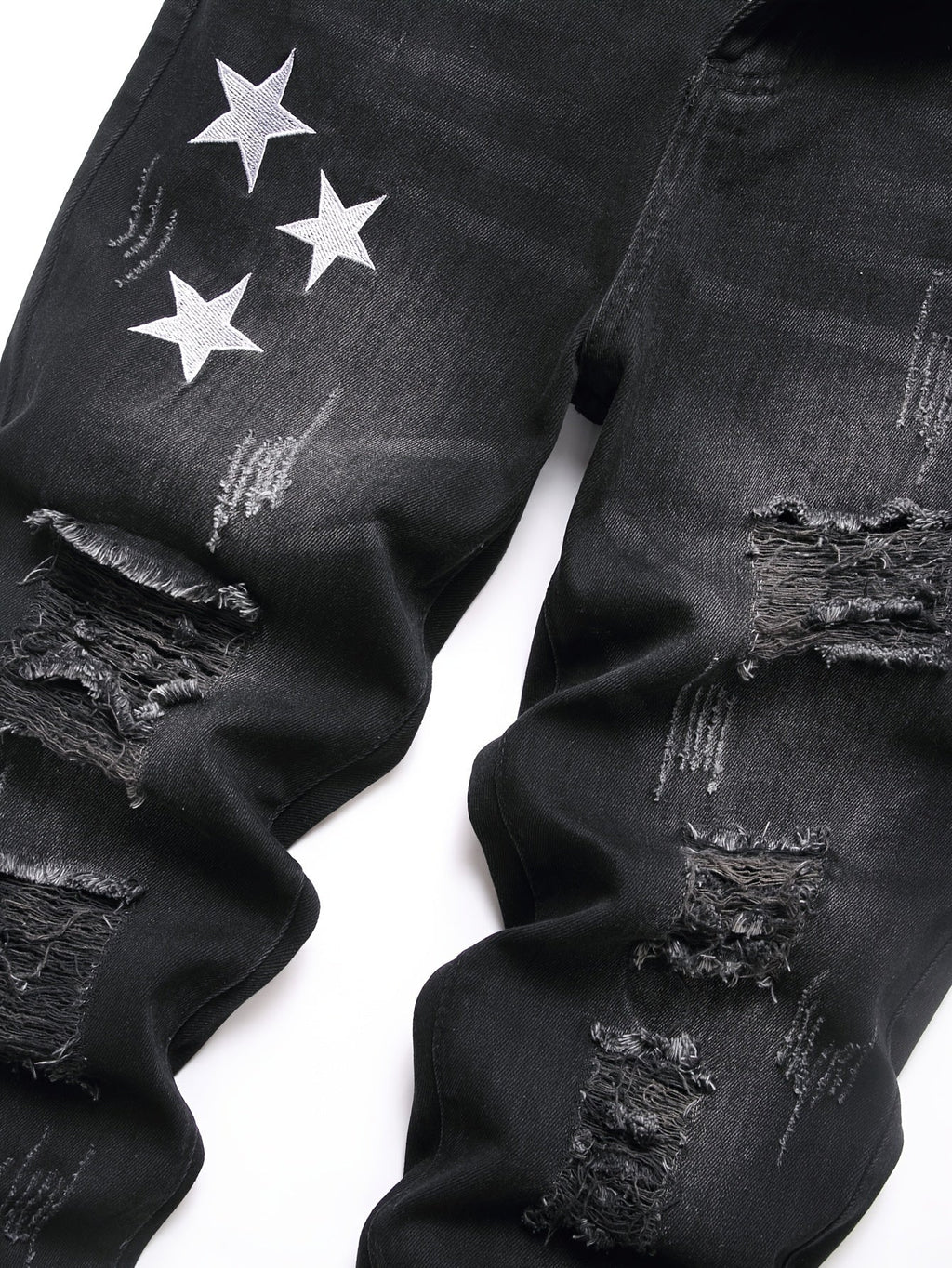 Men's Denim Jeans with Star Embroidery - Street Style, Regular Fit, Non - Stretch, Conventional Length, Suitable for All Seasons, Water Washed, Regular Closure with Built - in Zipper, Suitable for Men, Woven by Skein Weaving, Pat - La Tienda Bella