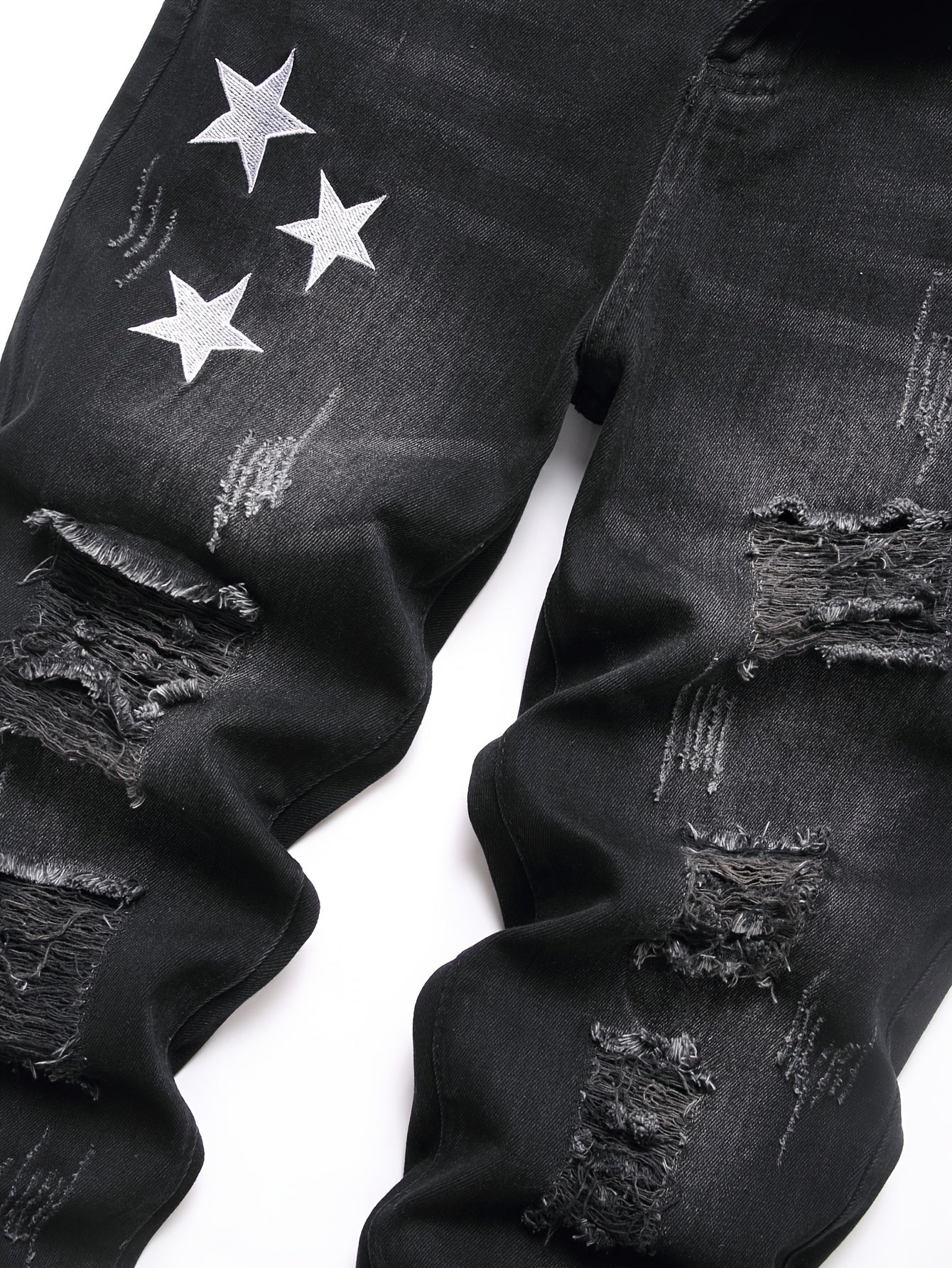 Men's Denim Jeans with Star Embroidery - Street Style, Regular Fit, Non - Stretch, Conventional Length, Suitable for All Seasons, Water Washed, Regular Closure with Built - in Zipper, Suitable for Men, Woven by Skein Weaving, Pat - La Tienda Bella