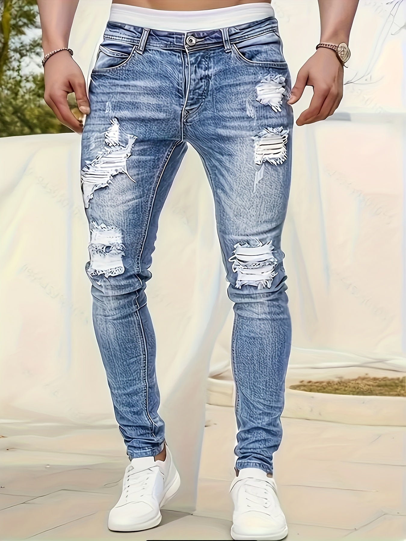 Men's Jeans - Classic Five - Pocket Design with Distressed Knee Frays, Relaxed Fit Stretch Denim Pants for Everyday & Formal Outfits - Machine Washable Non - See - Through Casual Streetwear (Adult Men), Versatile Clothing, Modern F - La Tienda Bella