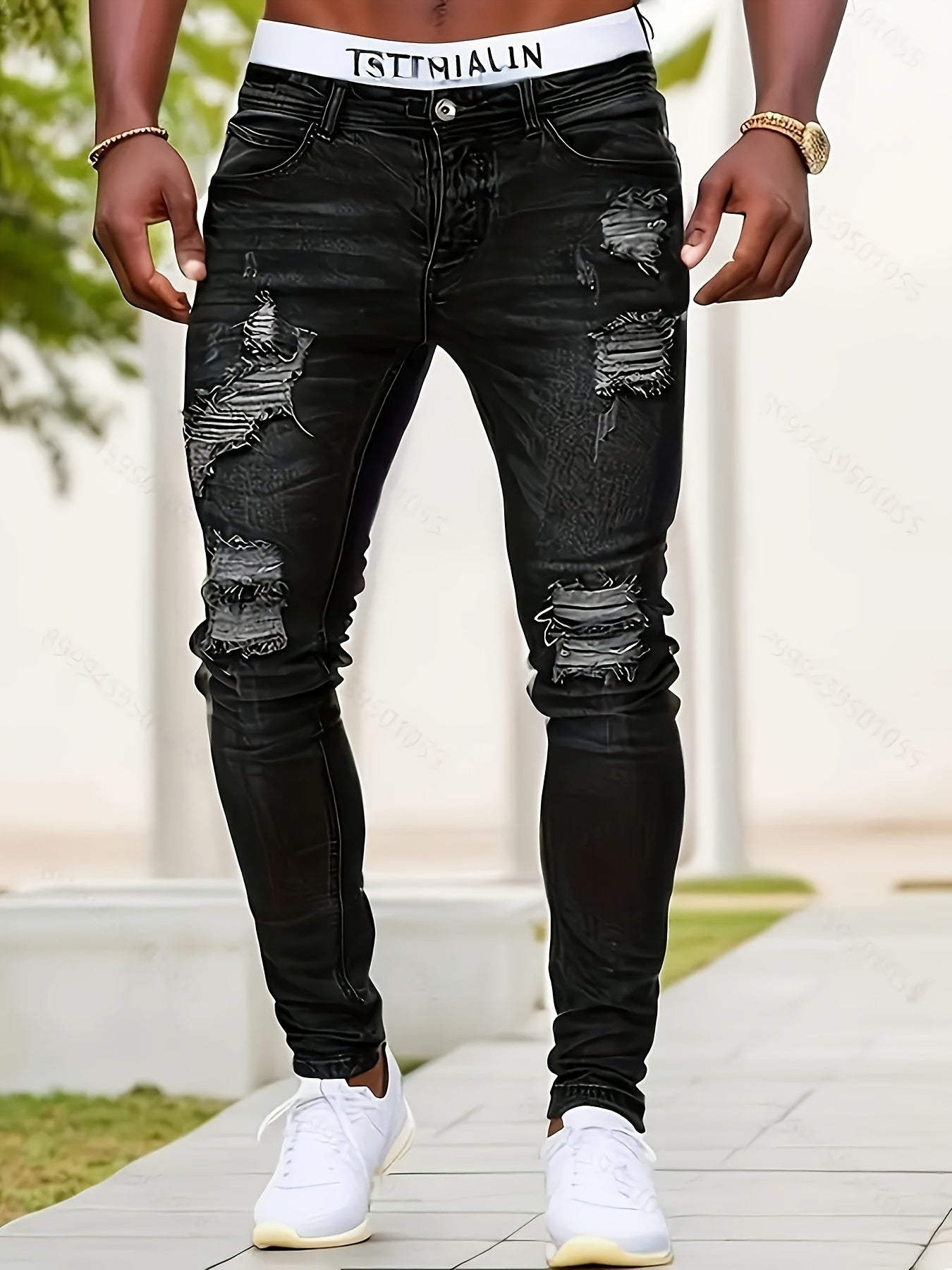 Men's Jeans - Classic Five - Pocket Design with Distressed Knee Frays, Relaxed Fit Stretch Denim Pants for Everyday & Formal Outfits - Machine Washable Non - See - Through Casual Streetwear (Adult Men), Versatile Clothing, Modern F - La Tienda Bella