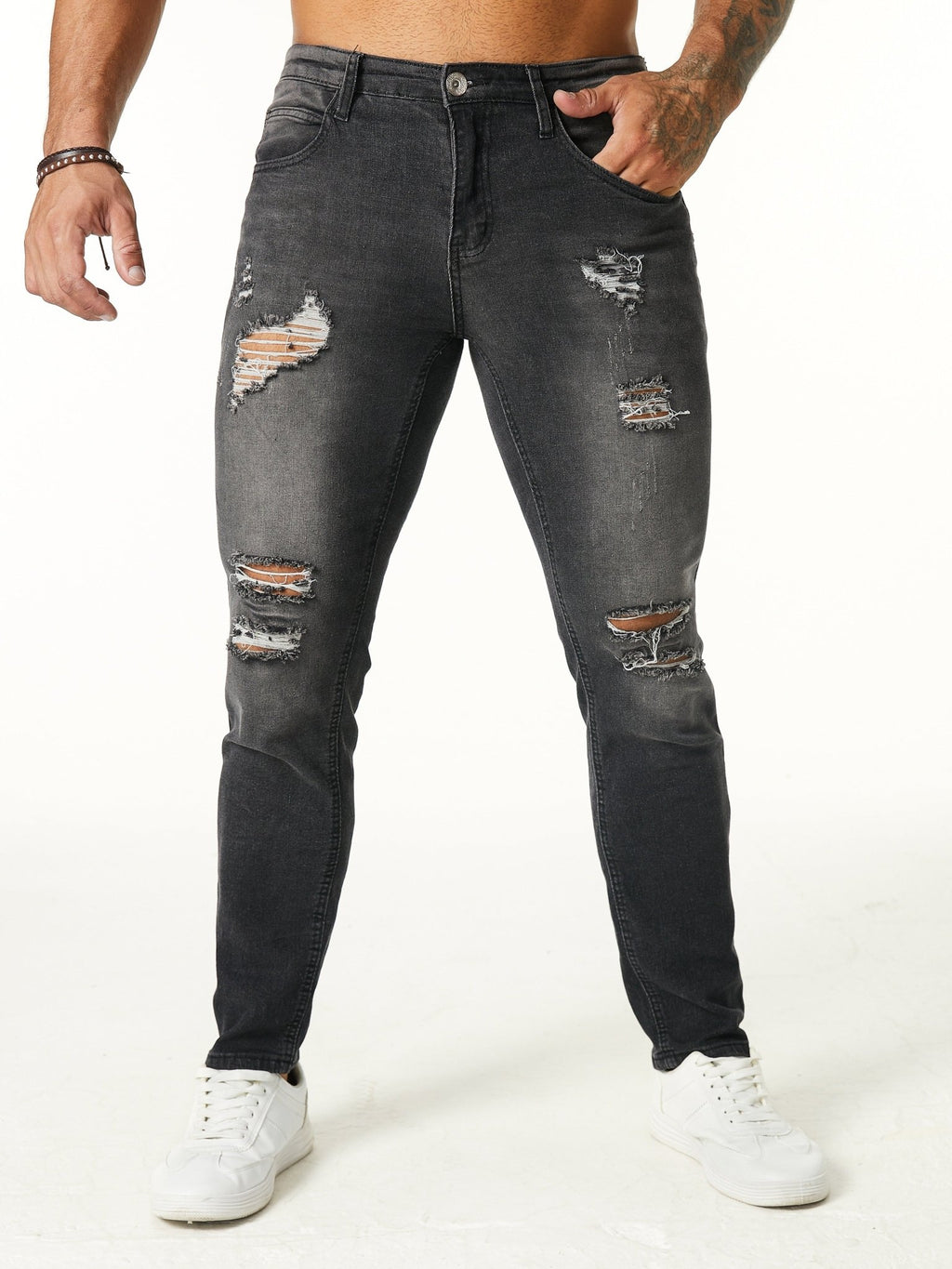 Men's Jeans - Classic Five - Pocket Design with Distressed Knee Frays, Relaxed Fit Stretch Denim Pants for Everyday & Formal Outfits - Machine Washable Non - See - Through Casual Streetwear (Adult Men), Versatile Clothing, Modern F - La Tienda Bella