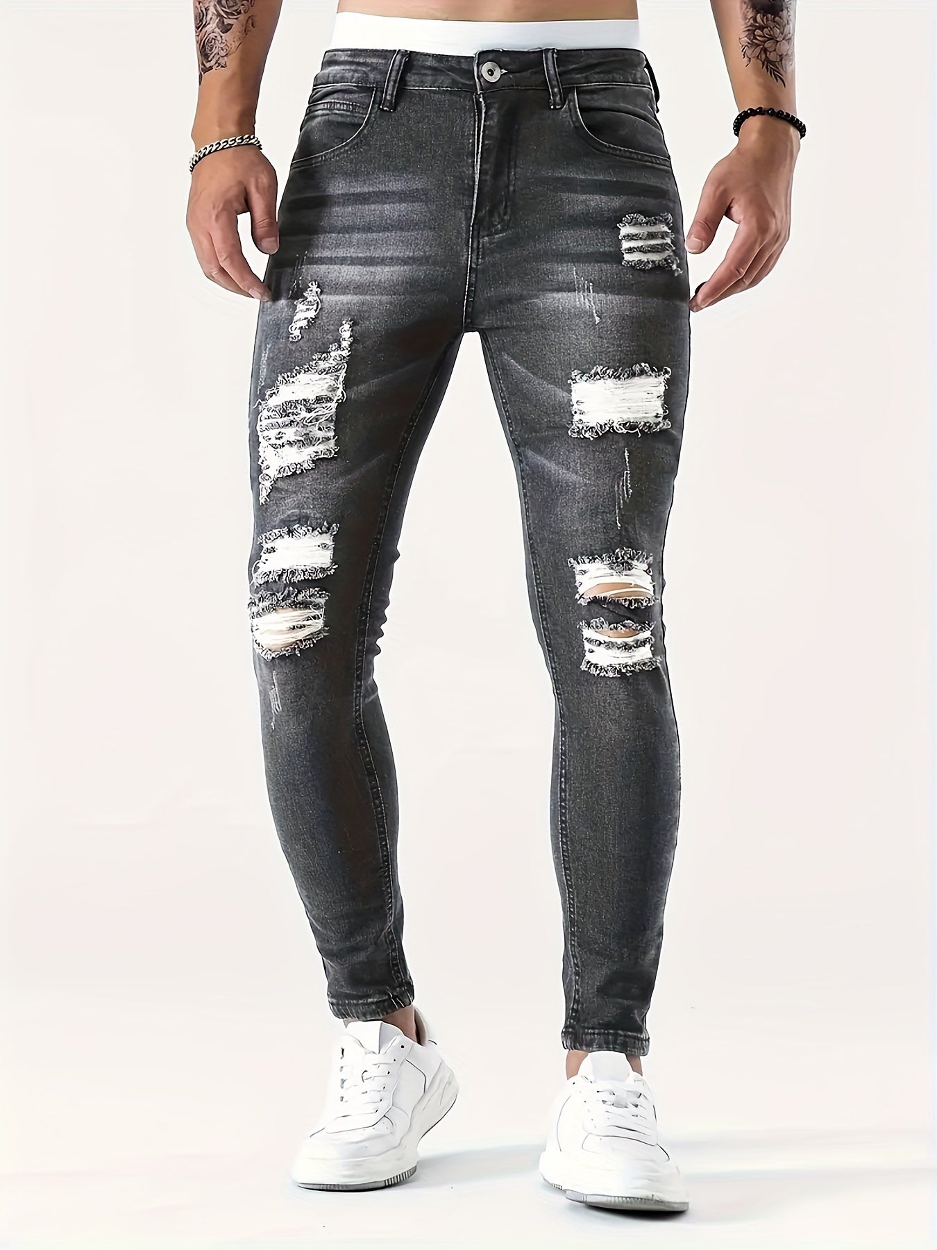 Men's Jeans - Classic Five - Pocket Design with Distressed Knee Frays, Relaxed Fit Stretch Denim Pants for Everyday & Formal Outfits - Machine Washable Non - See - Through Casual Streetwear (Adult Men), Versatile Clothing, Modern F - La Tienda Bella