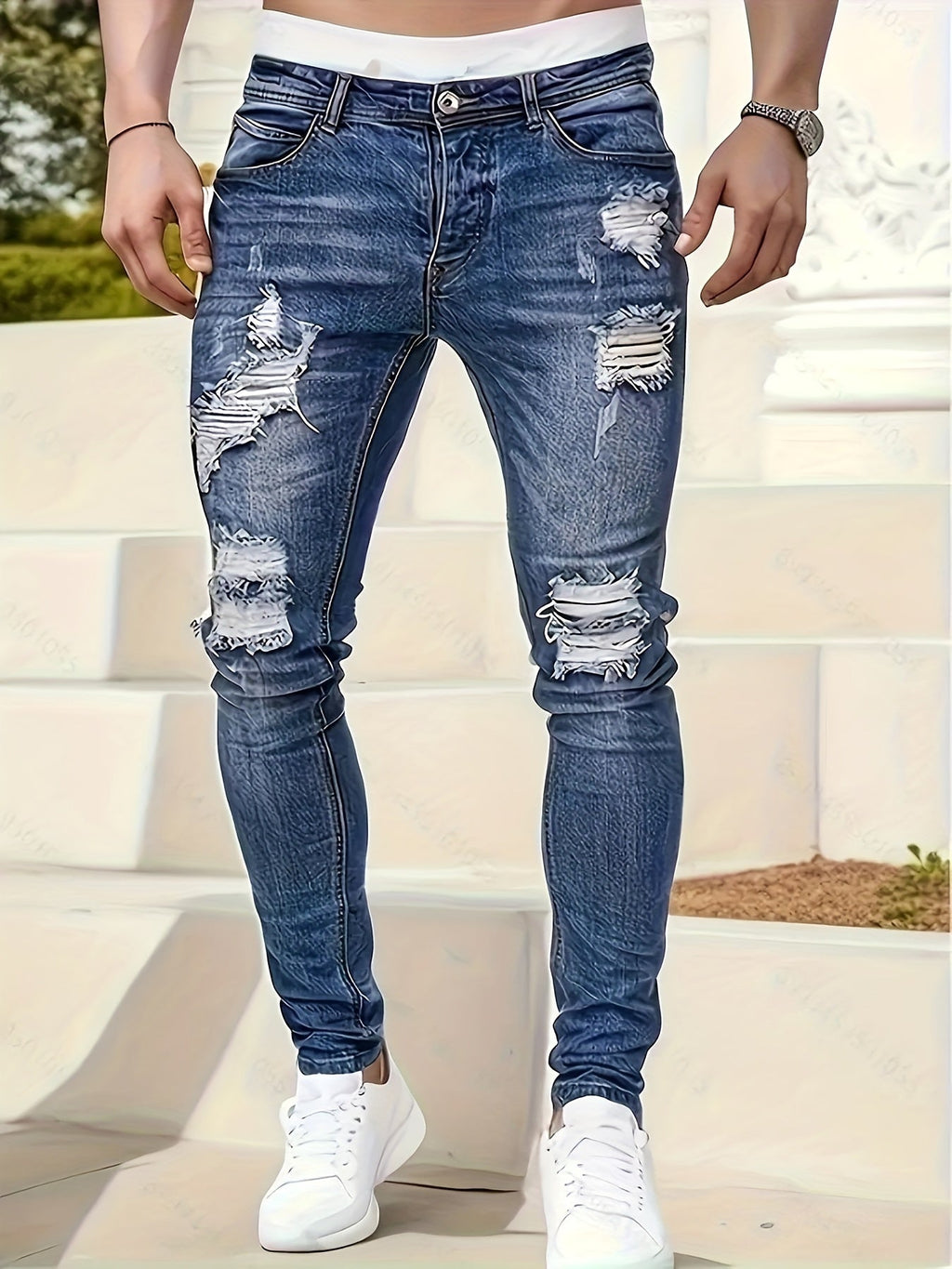 Men's Jeans - Classic Five - Pocket Design with Distressed Knee Frays, Relaxed Fit Stretch Denim Pants for Everyday & Formal Outfits - Machine Washable Non - See - Through Casual Streetwear (Adult Men), Versatile Clothing, Modern F - La Tienda Bella