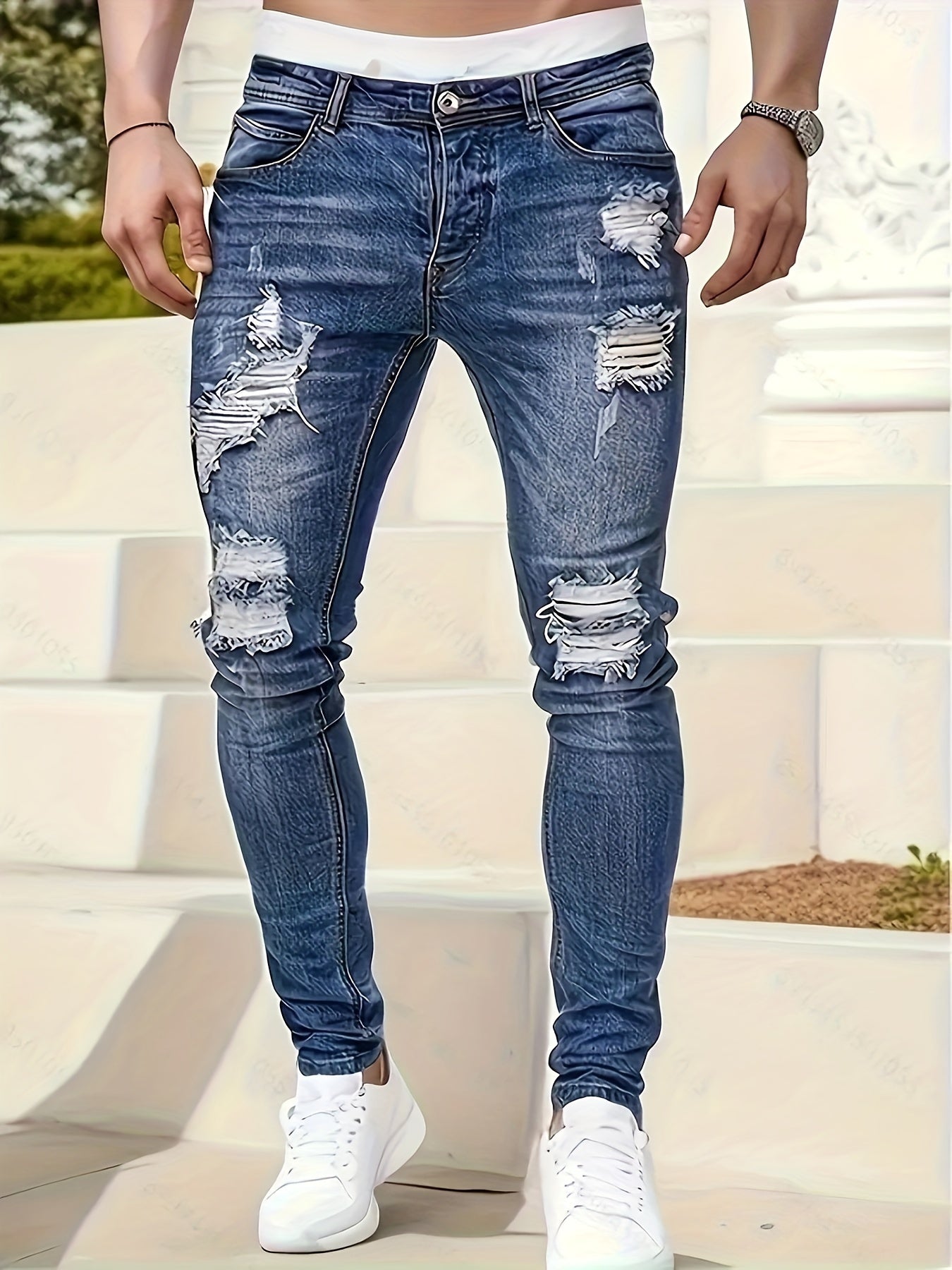 Men's Jeans - Classic Five - Pocket Design with Distressed Knee Frays, Relaxed Fit Stretch Denim Pants for Everyday & Formal Outfits - Machine Washable Non - See - Through Casual Streetwear (Adult Men), Versatile Clothing, Modern F - La Tienda Bella