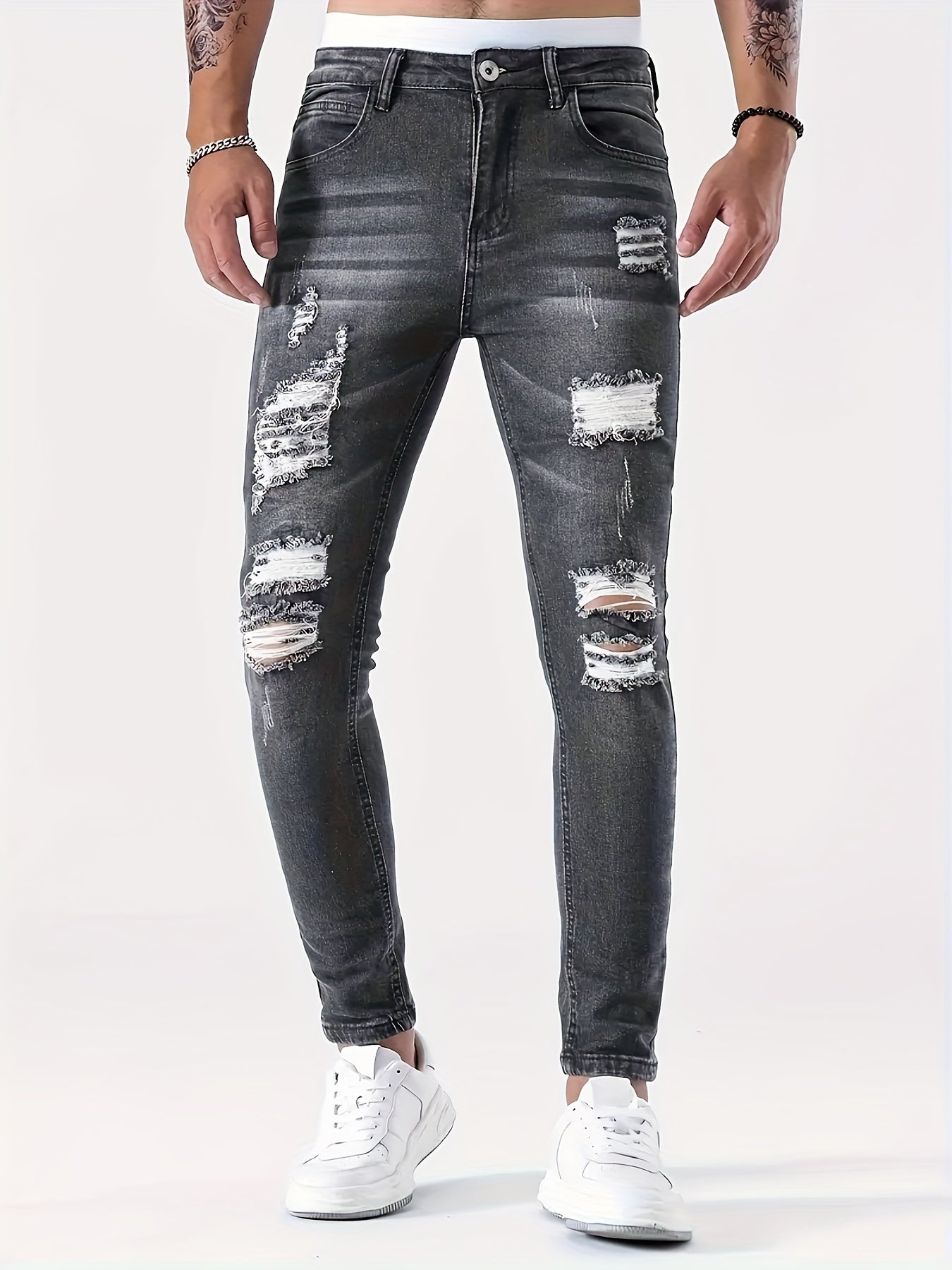 Men's Jeans - Classic Five - Pocket Design with Distressed Knee Frays, Relaxed Fit Stretch Denim Pants for Everyday & Formal Outfits - Machine Washable Non - See - Through Casual Streetwear (Adult Men), Versatile Clothing, Modern F - La Tienda Bella
