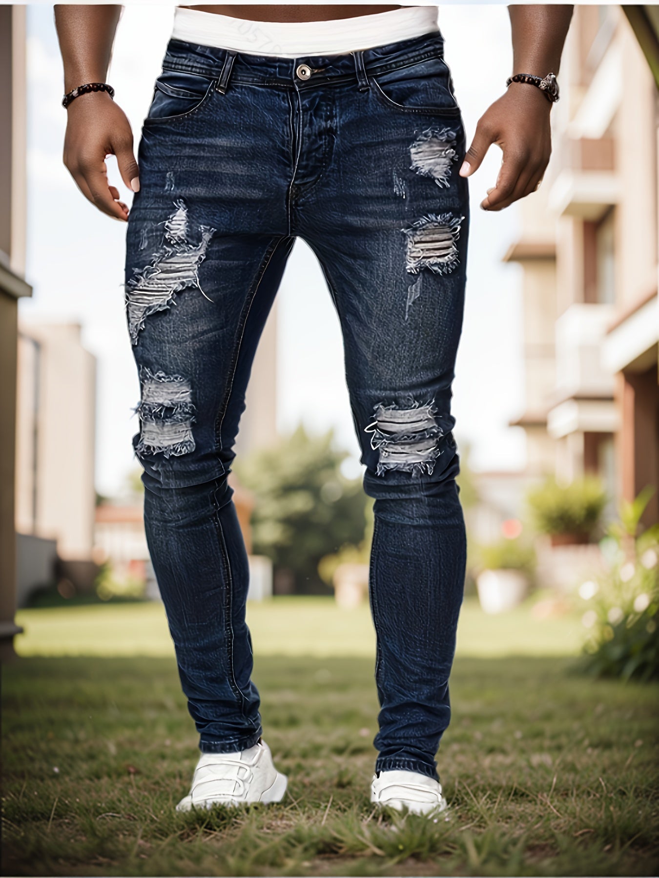 Men's Jeans - Classic Five - Pocket Design with Distressed Knee Frays, Relaxed Fit Stretch Denim Pants for Everyday & Formal Outfits - Machine Washable Non - See - Through Casual Streetwear (Adult Men), Versatile Clothing, Modern F - La Tienda Bella
