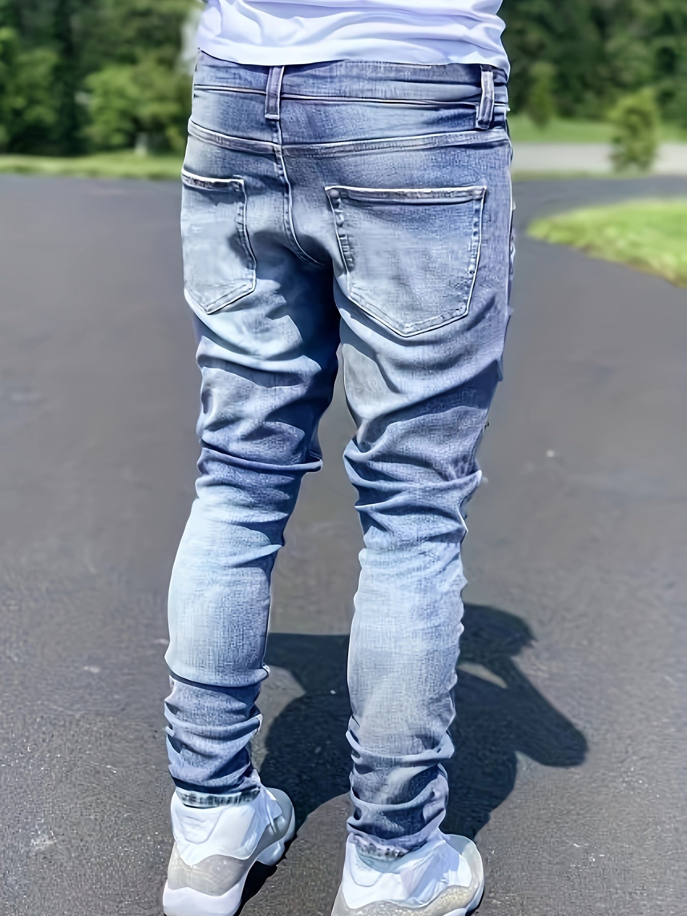 Men's Mid Waist Skinny Fit Ripped Jeans - Cotton Blend Denim, Medium Stretch, Zipper Fly, All - Season Wear for Fashionable Men - La Tienda Bella