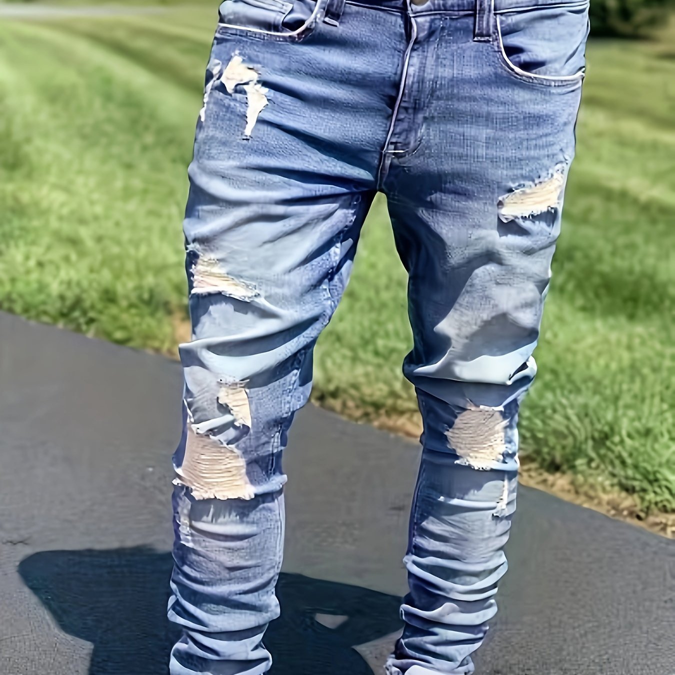 Men's Mid Waist Skinny Fit Ripped Jeans - Cotton Blend Denim, Medium Stretch, Zipper Fly, All - Season Wear for Fashionable Men - La Tienda Bella