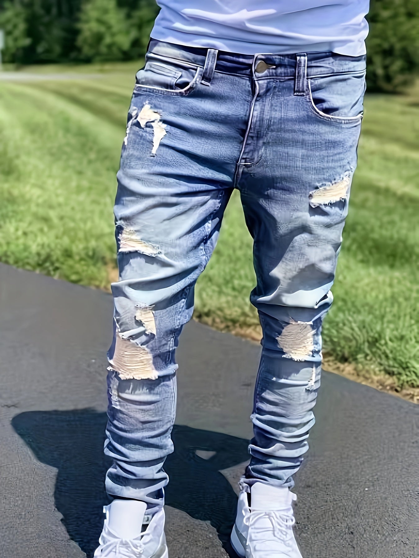 Men's Mid Waist Skinny Fit Ripped Jeans - Cotton Blend Denim, Medium Stretch, Zipper Fly, All - Season Wear for Fashionable Men - La Tienda Bella