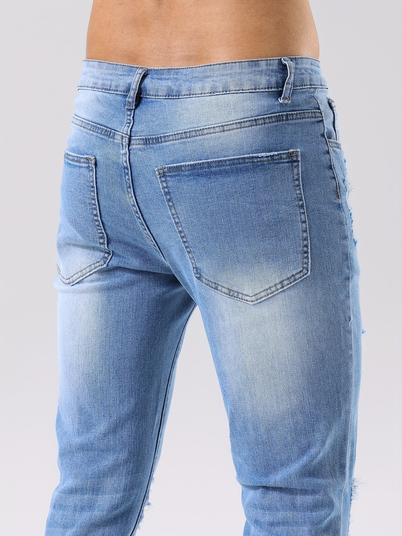 Men's Mid Waist Skinny Fit Ripped Jeans - Cotton Blend Denim, Medium Stretch, Zipper Fly, All - Season Wear for Fashionable Men - La Tienda Bella