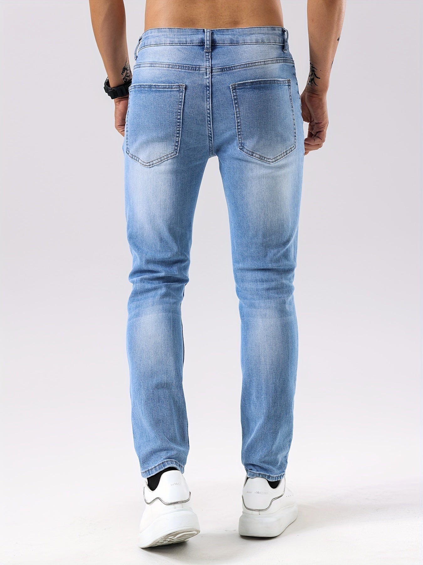 Men's Mid Waist Skinny Fit Ripped Jeans - Cotton Blend Denim, Medium Stretch, Zipper Fly, All - Season Wear for Fashionable Men - La Tienda Bella