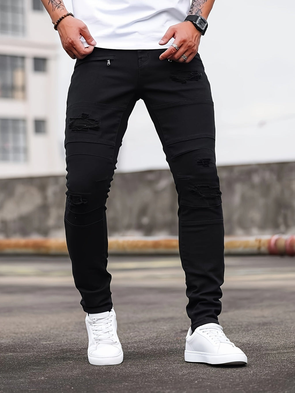 Men'S Skinny Faux Denim - Stretch Slim - Fit Pants with Distressed knee holes, Non - Transparent Fabric for Everyday & Formal Wear - Spring/Fall Casual Office Pants - Classic Five - Pocket Design - Urban Streetwear Faux Denim for M - La Tienda Bella