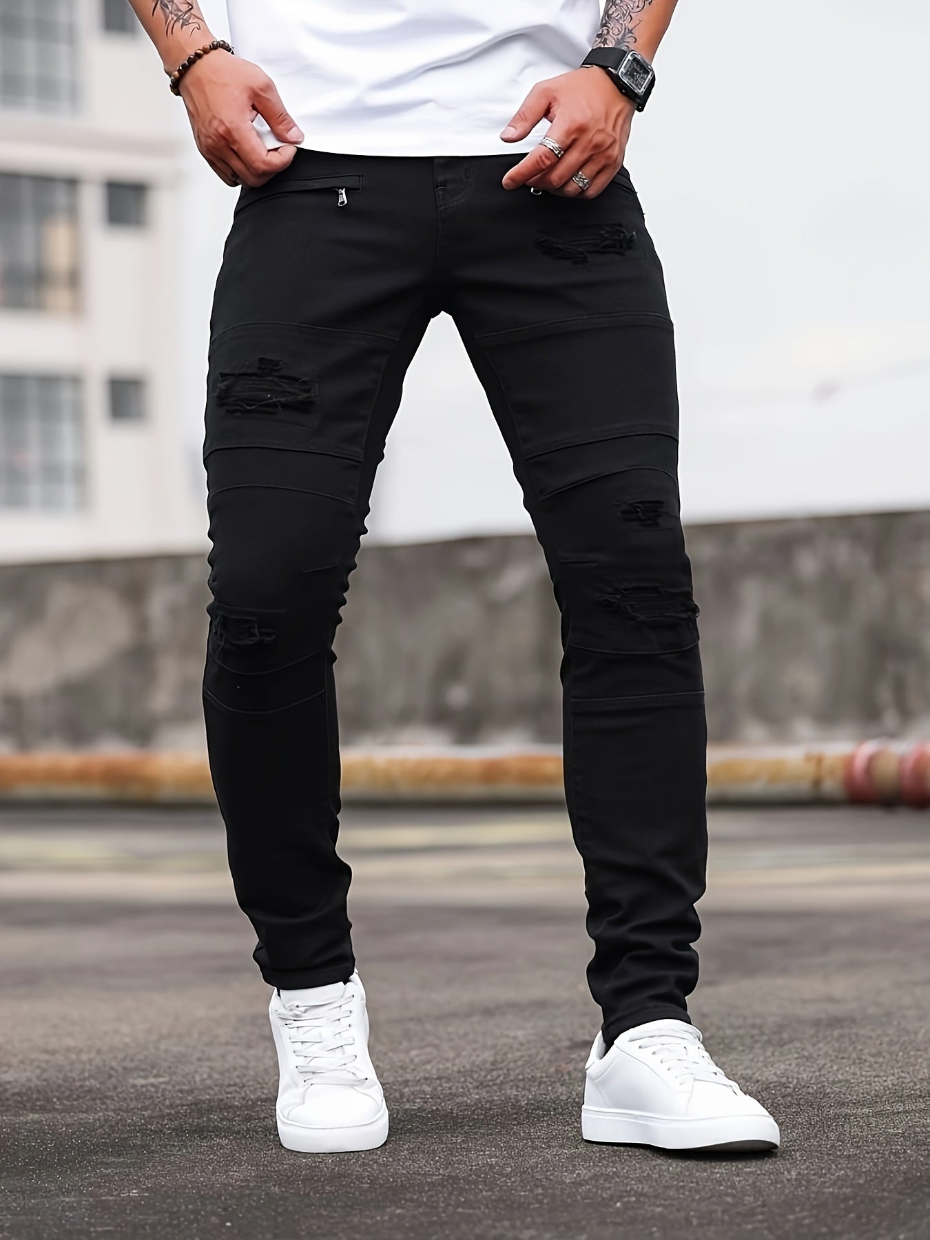 Men'S Skinny Faux Denim - Stretch Slim - Fit Pants with Distressed knee holes, Non - Transparent Fabric for Everyday & Formal Wear - Spring/Fall Casual Office Pants - Classic Five - Pocket Design - Urban Streetwear Faux Denim for M - La Tienda Bella