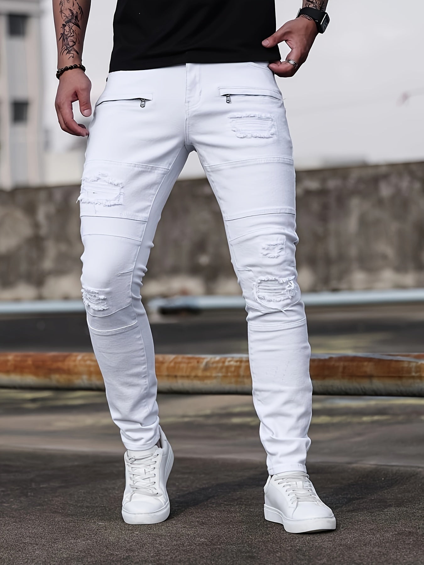 Men'S Skinny Faux Denim - Stretch Slim - Fit Pants with Distressed knee holes, Non - Transparent Fabric for Everyday & Formal Wear - Spring/Fall Casual Office Pants - Classic Five - Pocket Design - Urban Streetwear Faux Denim for M - La Tienda Bella