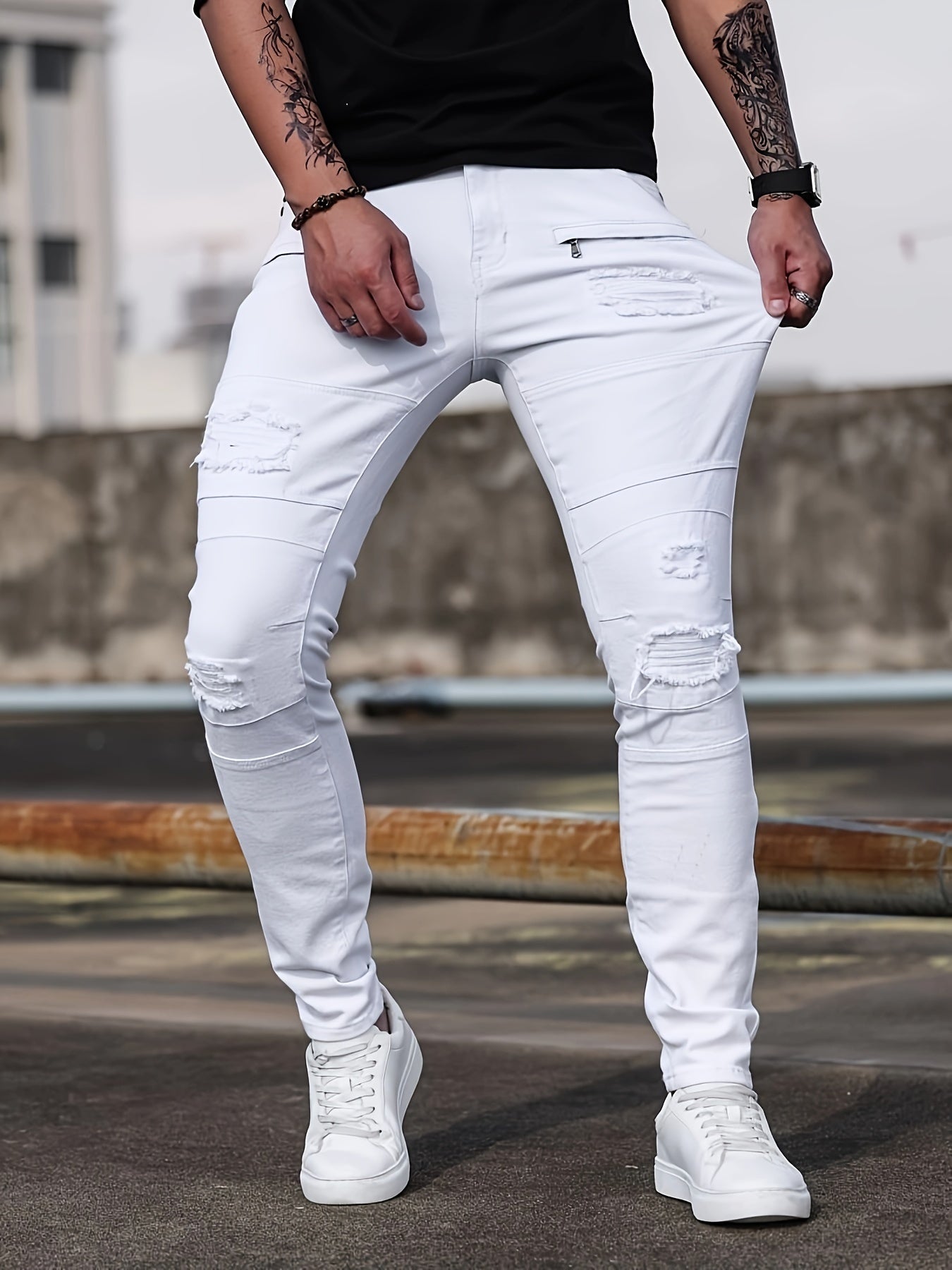 Men'S Skinny Faux Denim - Stretch Slim - Fit Pants with Distressed knee holes, Non - Transparent Fabric for Everyday & Formal Wear - Spring/Fall Casual Office Pants - Classic Five - Pocket Design - Urban Streetwear Faux Denim for M - La Tienda Bella