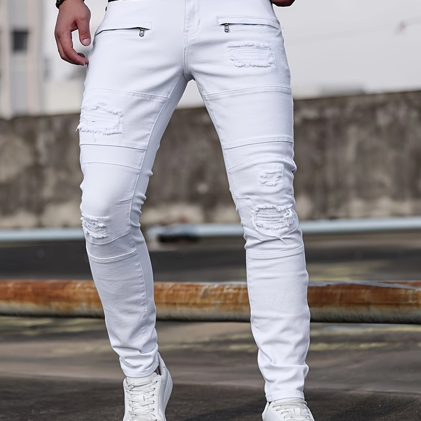 Men'S Skinny Faux Denim - Stretch Slim - Fit Pants with Distressed knee holes, Non - Transparent Fabric for Everyday & Formal Wear - Spring/Fall Casual Office Pants - Classic Five - Pocket Design - Urban Streetwear Faux Denim for M - La Tienda Bella