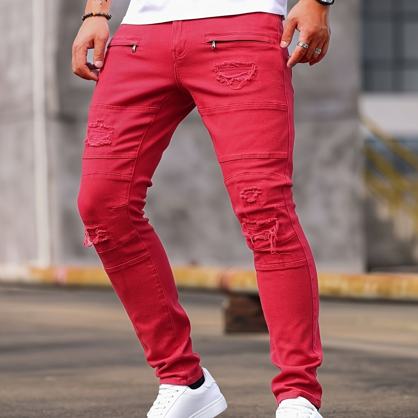 Men'S Skinny Faux Denim - Stretch Slim - Fit Pants with Distressed knee holes, Non - Transparent Fabric for Everyday & Formal Wear - Spring/Fall Casual Office Pants - Classic Five - Pocket Design - Urban Streetwear Faux Denim for M - La Tienda Bella