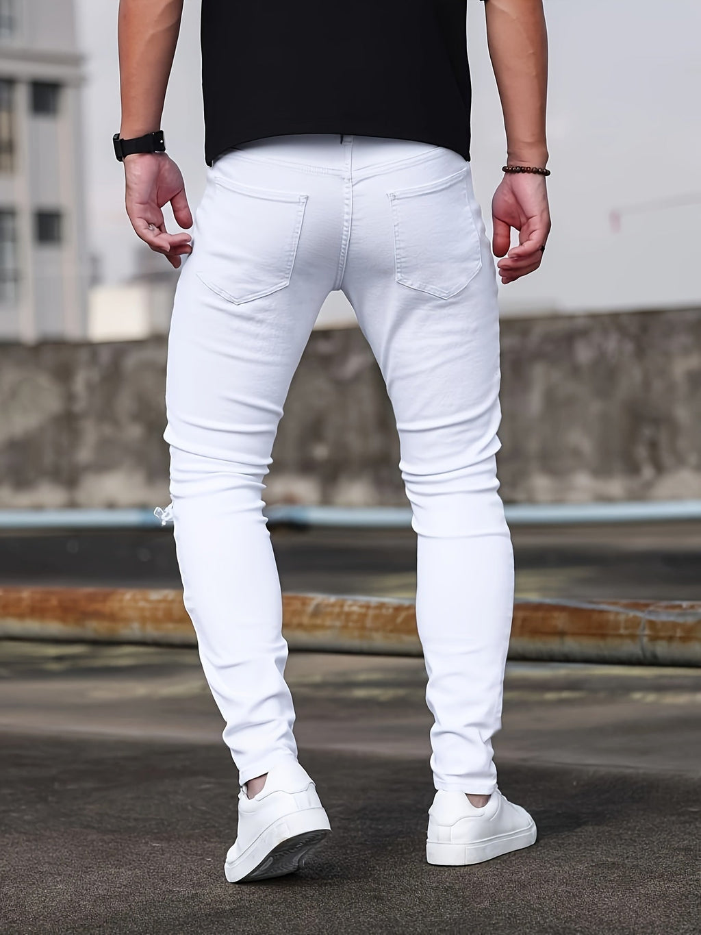 Men'S Skinny Faux Denim - Stretch Slim - Fit Pants with Distressed knee holes, Non - Transparent Fabric for Everyday & Formal Wear - Spring/Fall Casual Office Pants - Classic Five - Pocket Design - Urban Streetwear Faux Denim for M - La Tienda Bella
