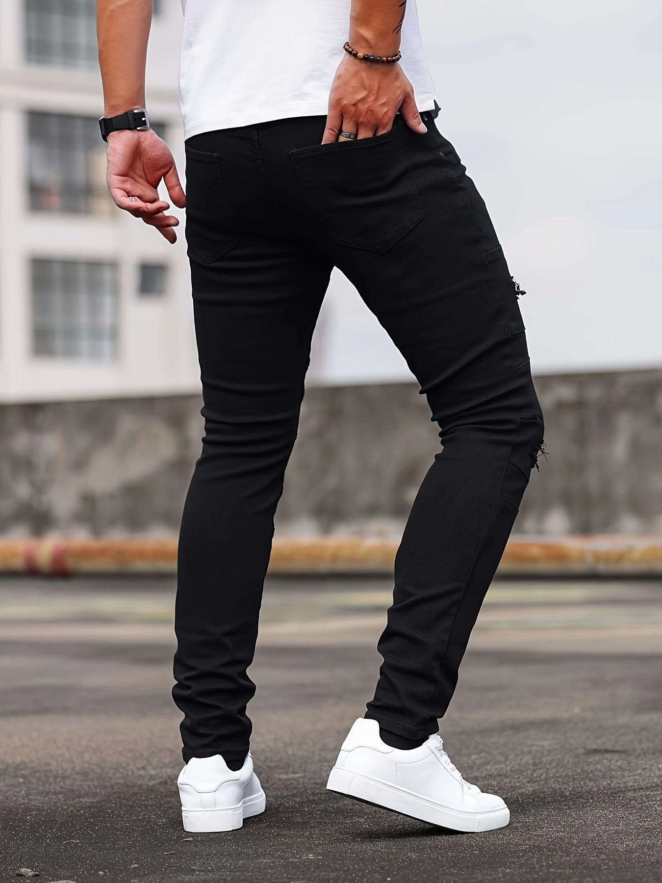 Men'S Skinny Faux Denim - Stretch Slim - Fit Pants with Distressed knee holes, Non - Transparent Fabric for Everyday & Formal Wear - Spring/Fall Casual Office Pants - Classic Five - Pocket Design - Urban Streetwear Faux Denim for M - La Tienda Bella