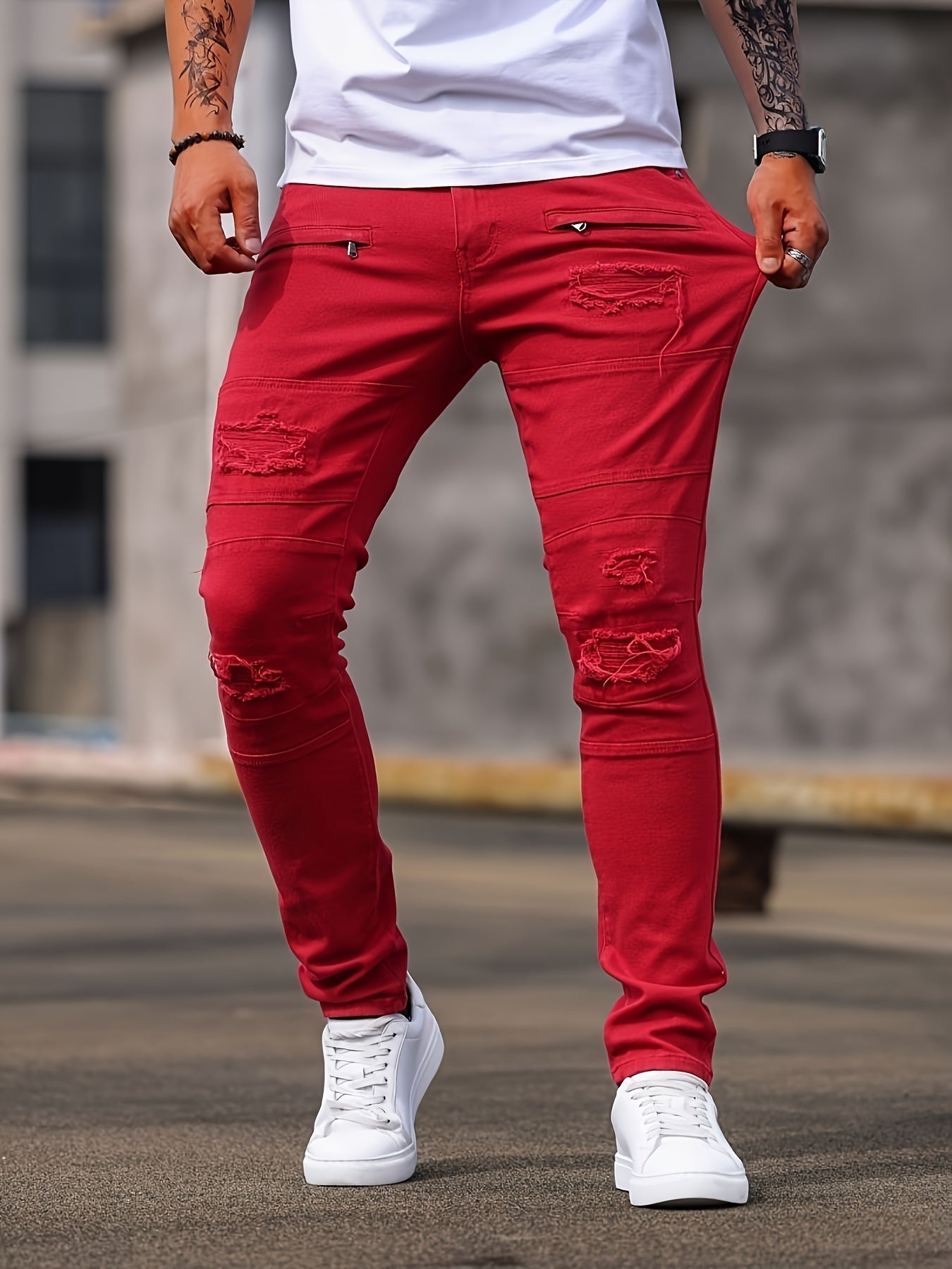 Men'S Skinny Faux Denim - Stretch Slim - Fit Pants with Distressed knee holes, Non - Transparent Fabric for Everyday & Formal Wear - Spring/Fall Casual Office Pants - Classic Five - Pocket Design - Urban Streetwear Faux Denim for M - La Tienda Bella