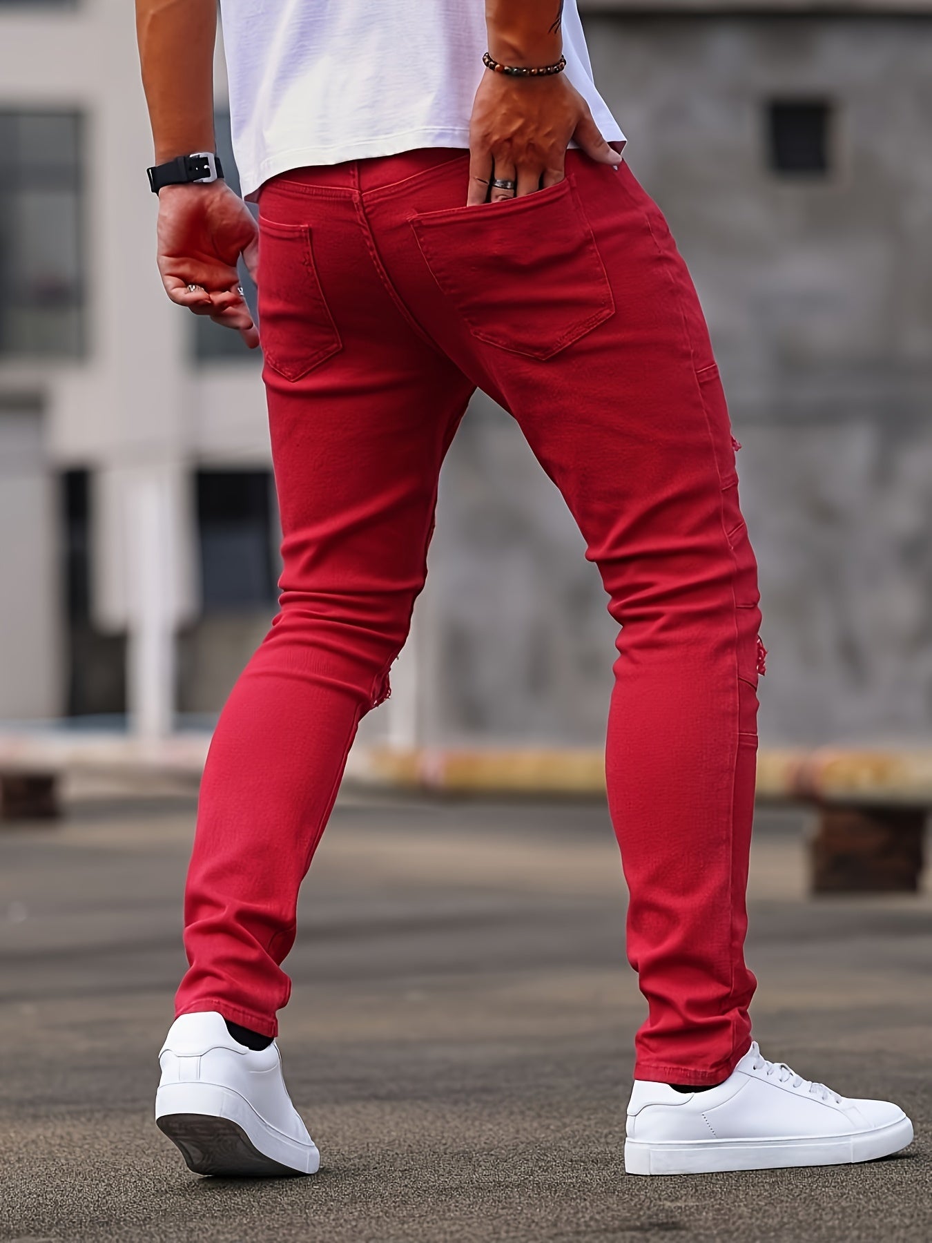 Men'S Skinny Faux Denim - Stretch Slim - Fit Pants with Distressed knee holes, Non - Transparent Fabric for Everyday & Formal Wear - Spring/Fall Casual Office Pants - Classic Five - Pocket Design - Urban Streetwear Faux Denim for M - La Tienda Bella