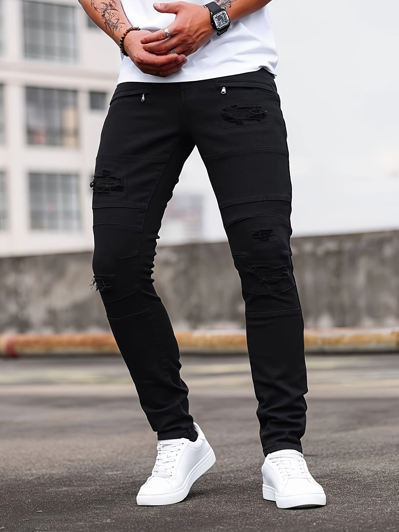 Men'S Skinny Faux Denim - Stretch Slim - Fit Pants with Distressed knee holes, Non - Transparent Fabric for Everyday & Formal Wear - Spring/Fall Casual Office Pants - Classic Five - Pocket Design - Urban Streetwear Faux Denim for M - La Tienda Bella