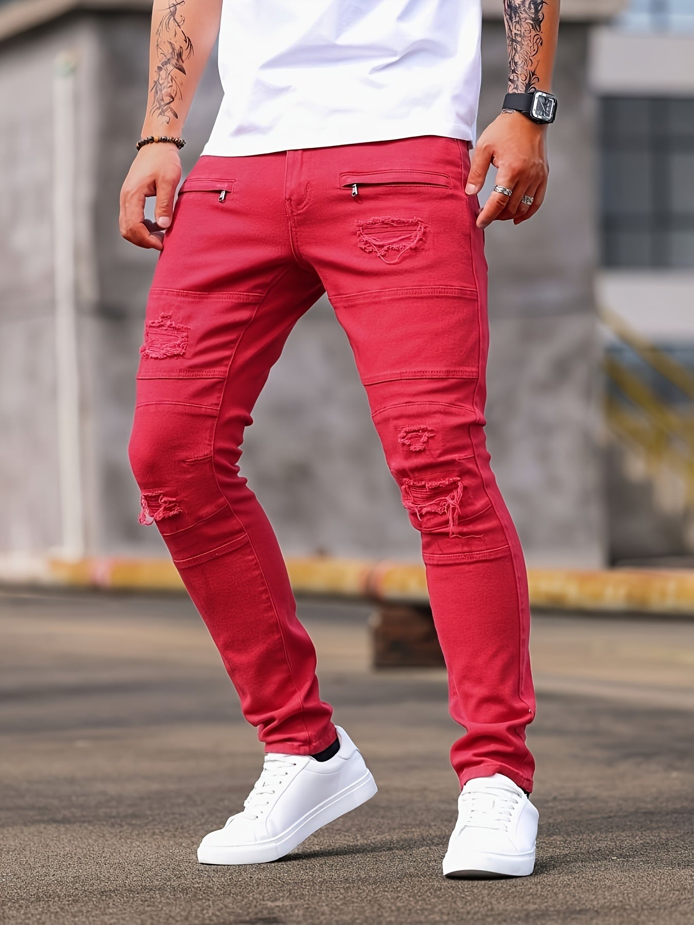 Men'S Skinny Faux Denim - Stretch Slim - Fit Pants with Distressed knee holes, Non - Transparent Fabric for Everyday & Formal Wear - Spring/Fall Casual Office Pants - Classic Five - Pocket Design - Urban Streetwear Faux Denim for M - La Tienda Bella