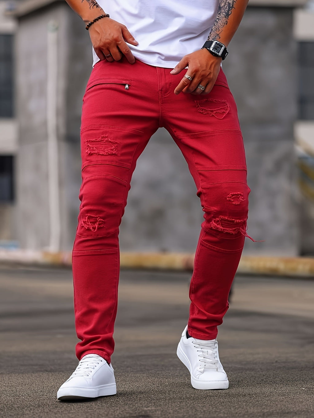 Men'S Skinny Faux Denim - Stretch Slim - Fit Pants with Distressed knee holes, Non - Transparent Fabric for Everyday & Formal Wear - Spring/Fall Casual Office Pants - Classic Five - Pocket Design - Urban Streetwear Faux Denim for M - La Tienda Bella