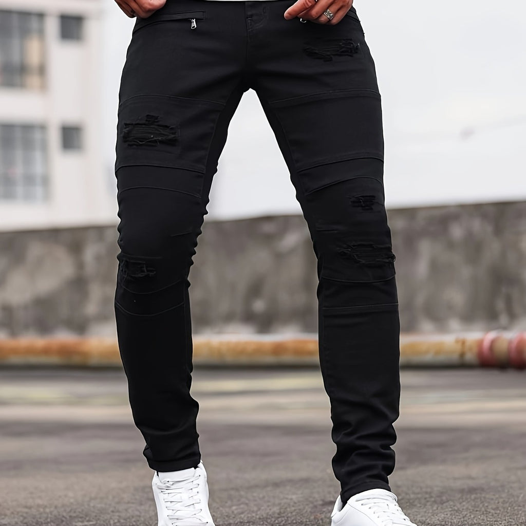 Men'S Skinny Faux Denim - Stretch Slim - Fit Pants with Distressed knee holes, Non - Transparent Fabric for Everyday & Formal Wear - Spring/Fall Casual Office Pants - Classic Five - Pocket Design - Urban Streetwear Faux Denim for M - La Tienda Bella