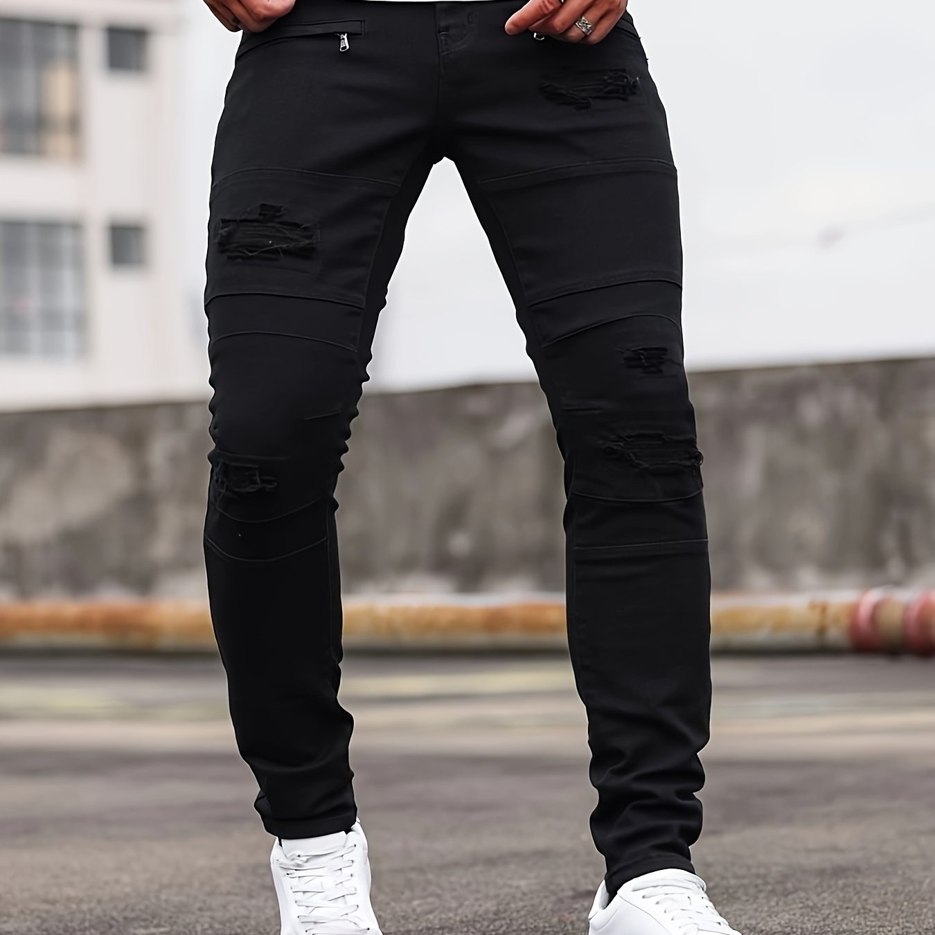 Men'S Skinny Faux Denim - Stretch Slim - Fit Pants with Distressed knee holes, Non - Transparent Fabric for Everyday & Formal Wear - Spring/Fall Casual Office Pants - Classic Five - Pocket Design - Urban Streetwear Faux Denim for M - La Tienda Bella