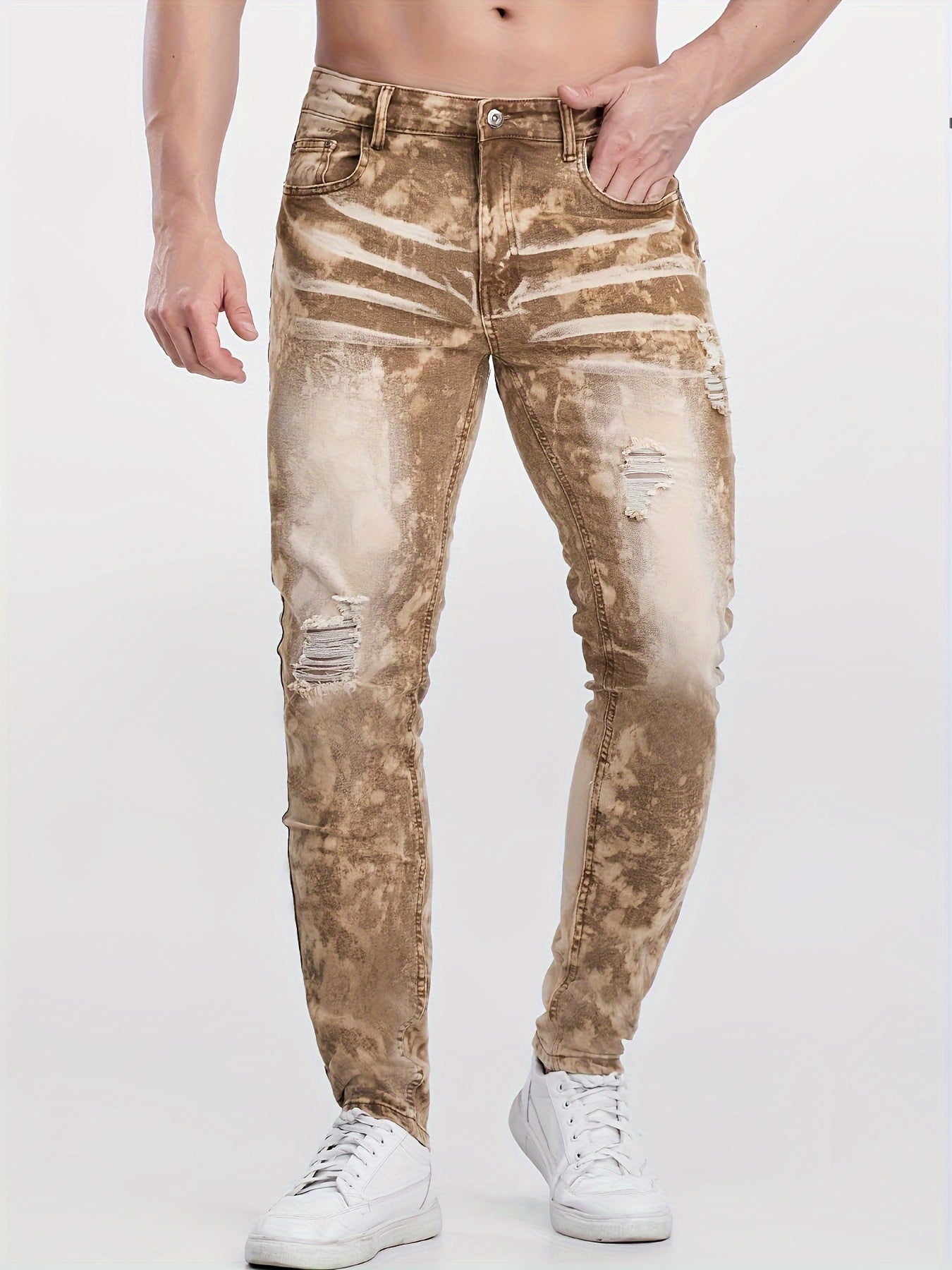 Men's Skinny Fit Distressed Jeans, Fashion Street Style Denim Pants For Men, Four - Season Wear - La Tienda Bella