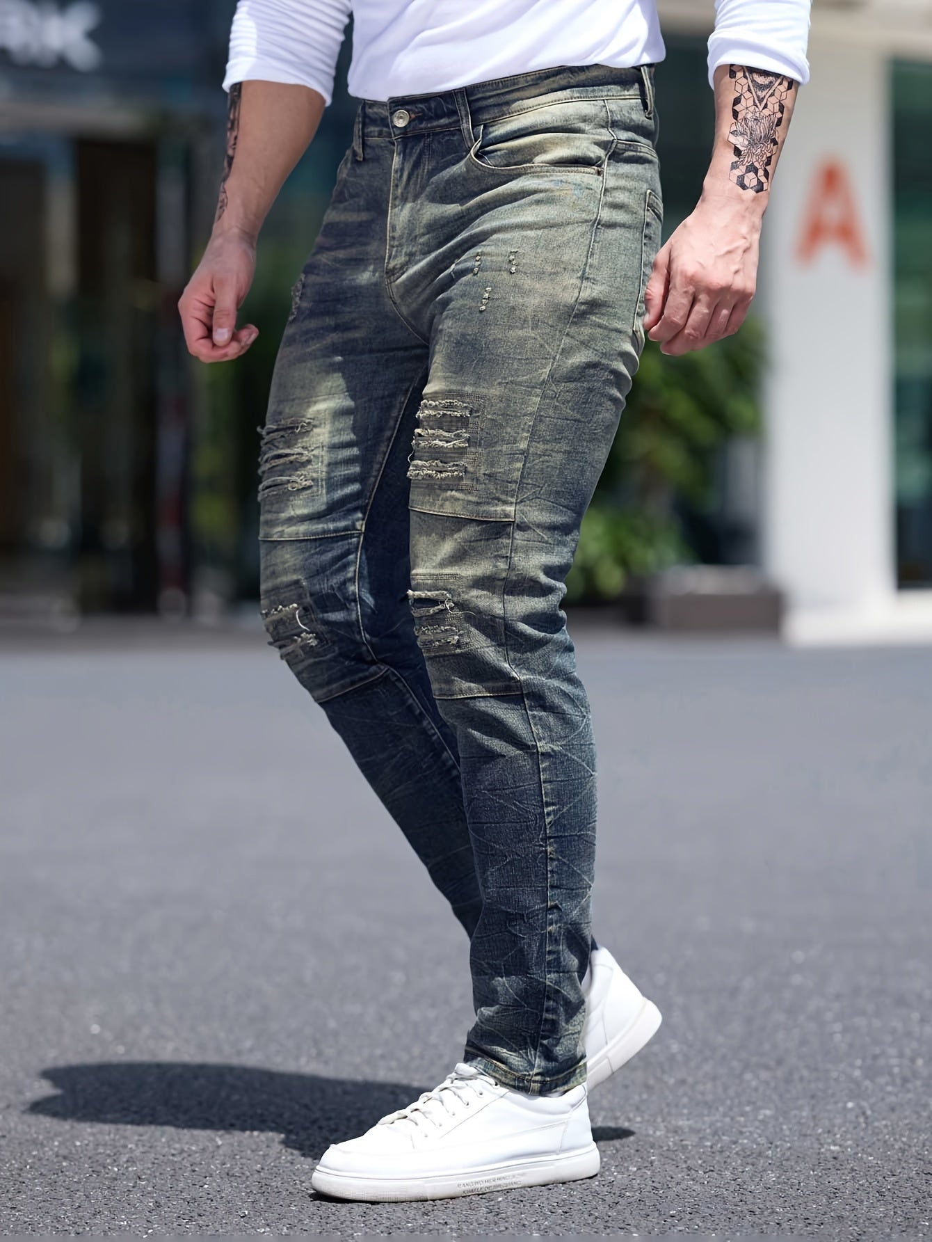 Men's Slim Fit Distressed Ripped Jeans, Fashion Street Style Denim Pants For Men, Versatile For All Seasons - La Tienda Bella
