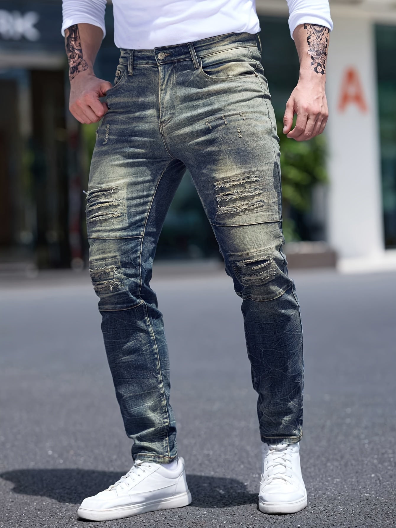 Men's Slim Fit Distressed Ripped Jeans, Fashion Street Style Denim Pants For Men, Versatile For All Seasons - La Tienda Bella