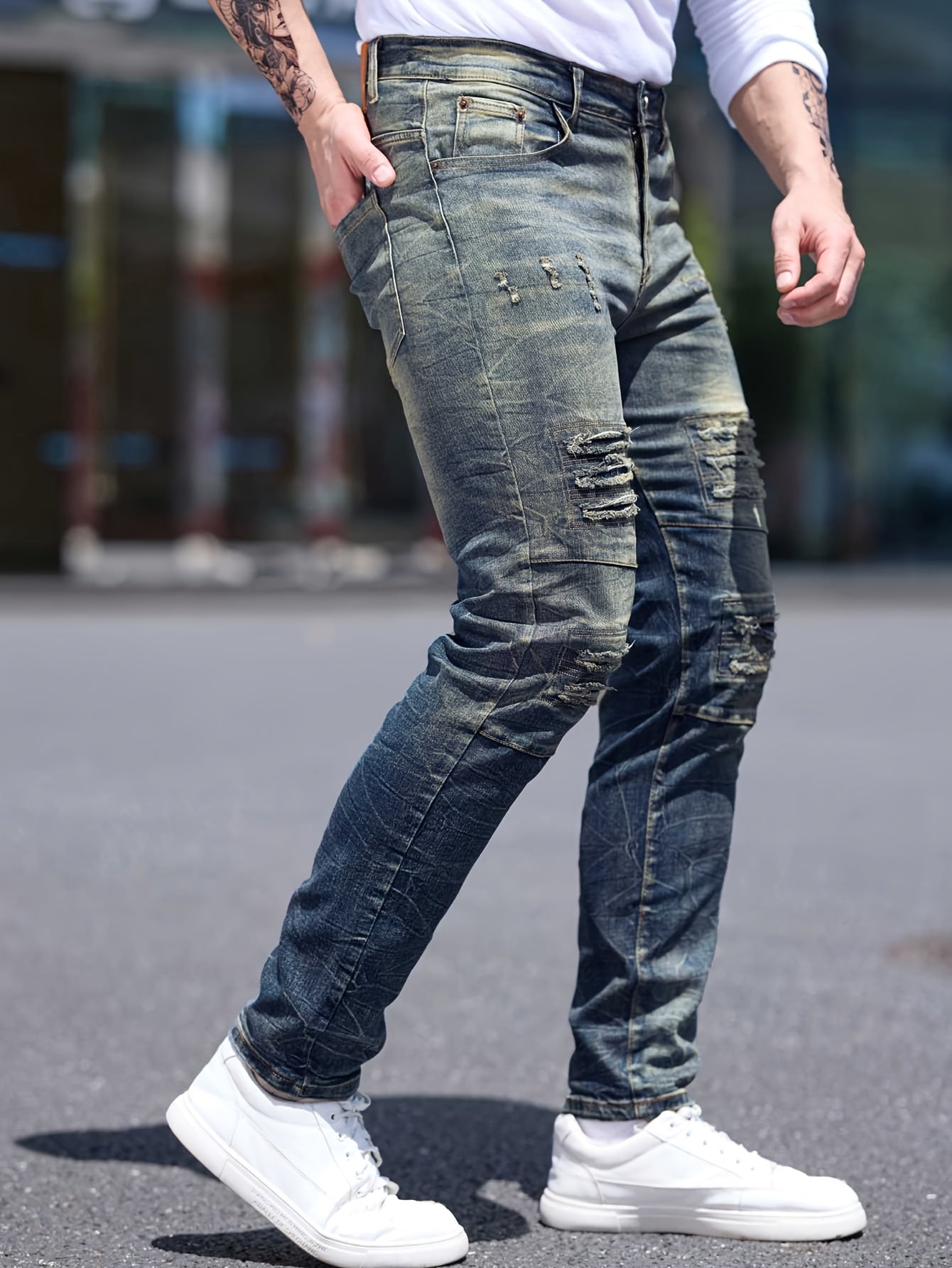 Men's Slim Fit Distressed Ripped Jeans, Fashion Street Style Denim Pants For Men, Versatile For All Seasons - La Tienda Bella