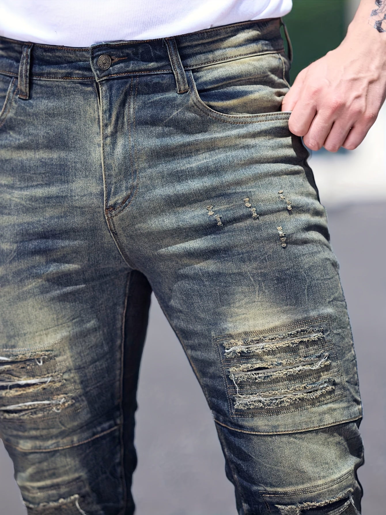 Men's Slim Fit Distressed Ripped Jeans, Fashion Street Style Denim Pants For Men, Versatile For All Seasons - La Tienda Bella