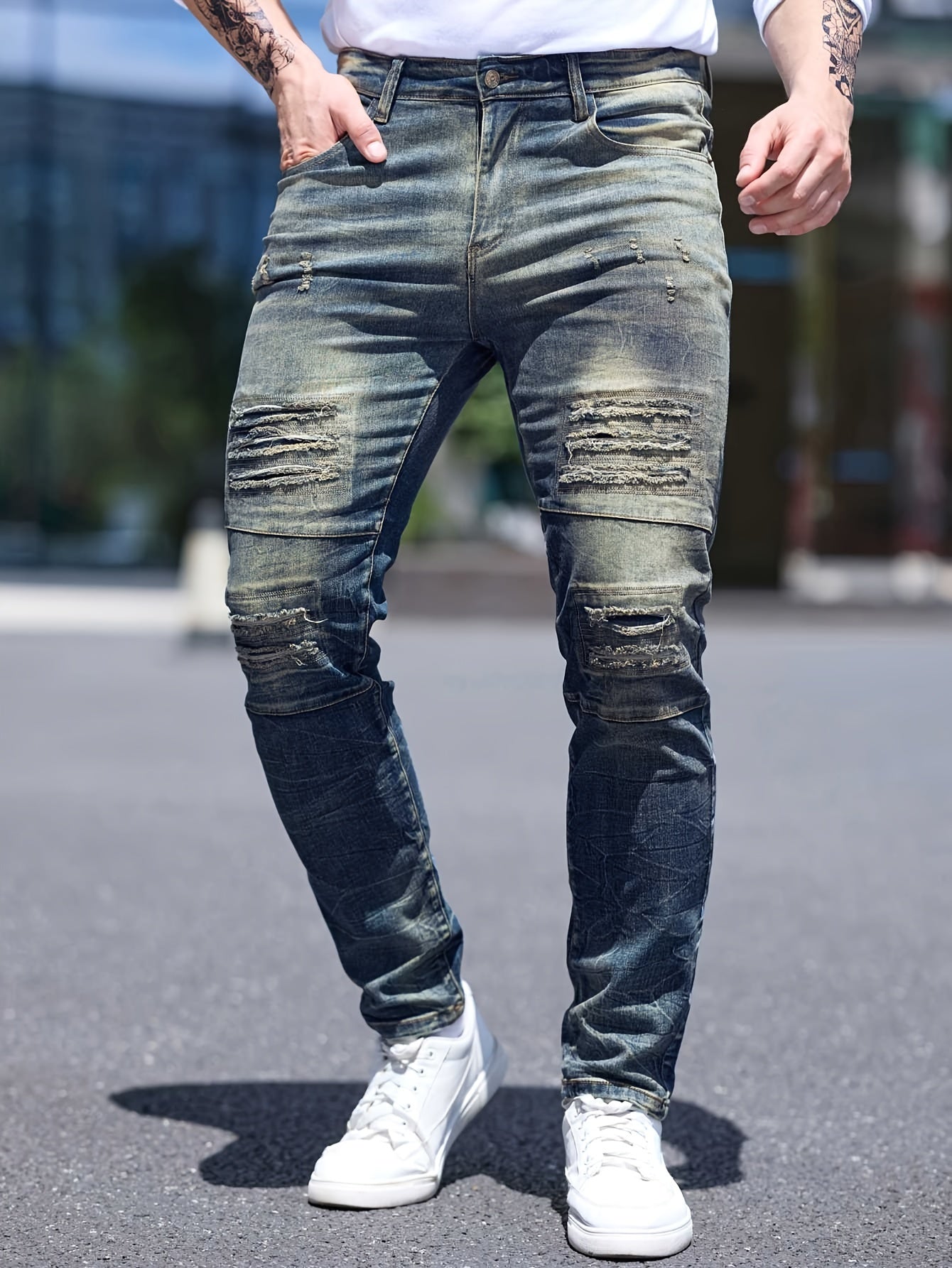 Men's Slim Fit Distressed Ripped Jeans, Fashion Street Style Denim Pants For Men, Versatile For All Seasons - La Tienda Bella