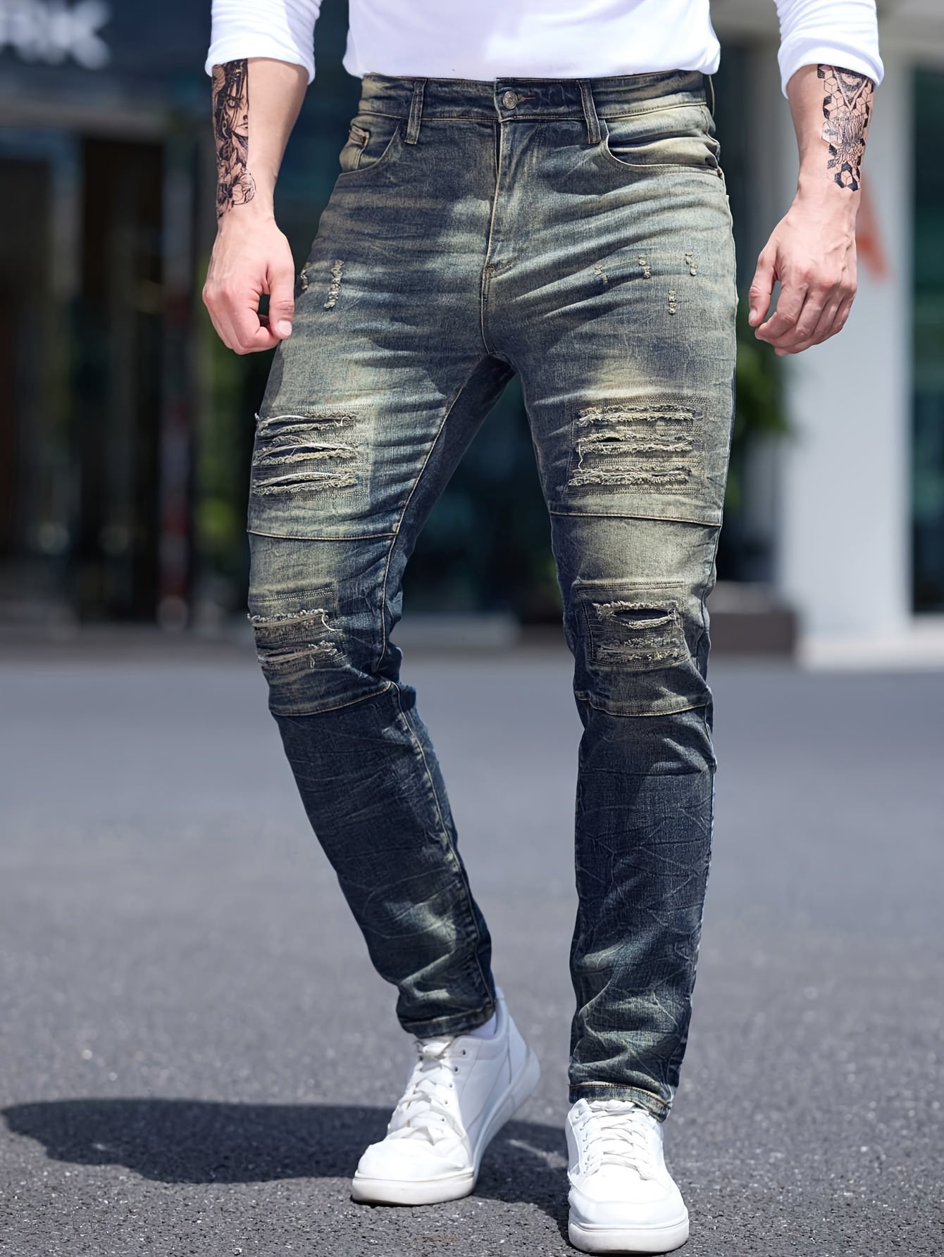 Men's Slim Fit Distressed Ripped Jeans, Fashion Street Style Denim Pants For Men, Versatile For All Seasons - La Tienda Bella