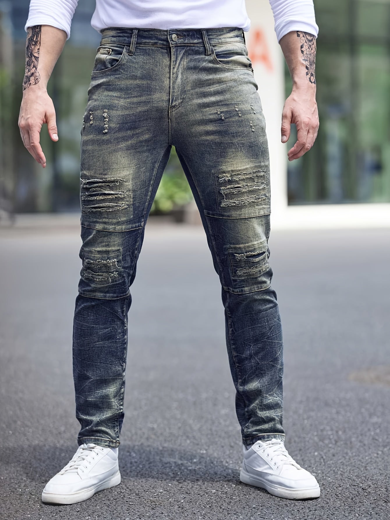 Men's Slim Fit Distressed Ripped Jeans, Fashion Street Style Denim Pants For Men, Versatile For All Seasons - La Tienda Bella