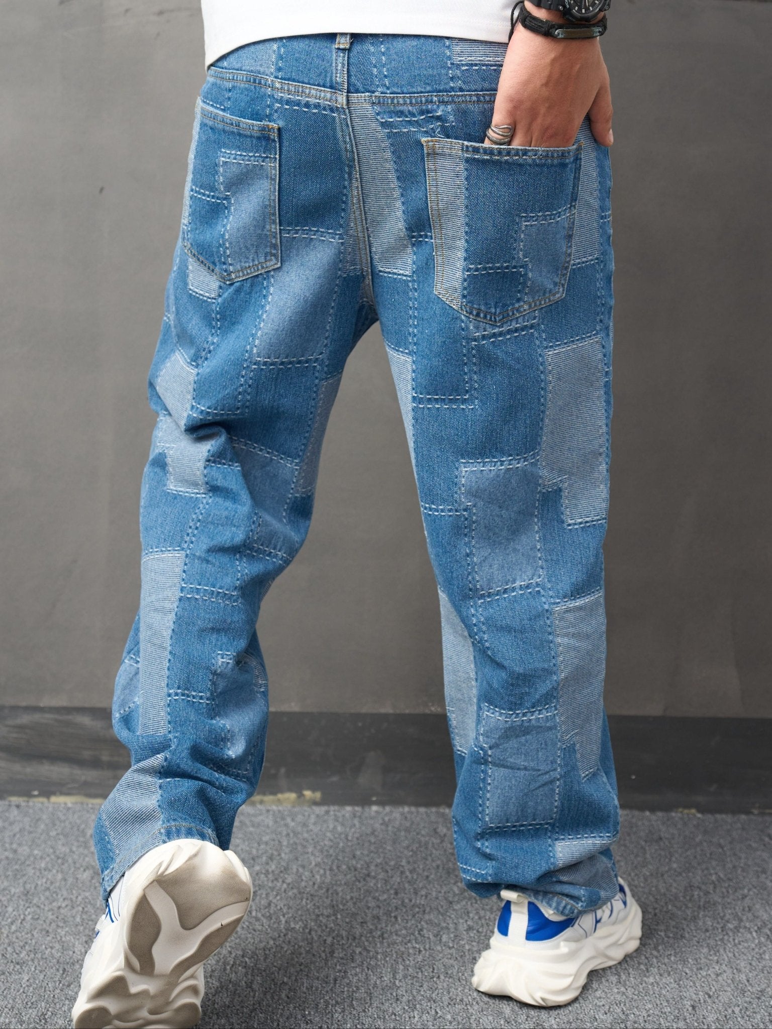 Mens TrendSETTING Patch Work Jeans - Comfortable Cotton Blend, Dramatic Wide Leg, Street Style Chic - For Fashion - Forward Men - La Tienda Bella