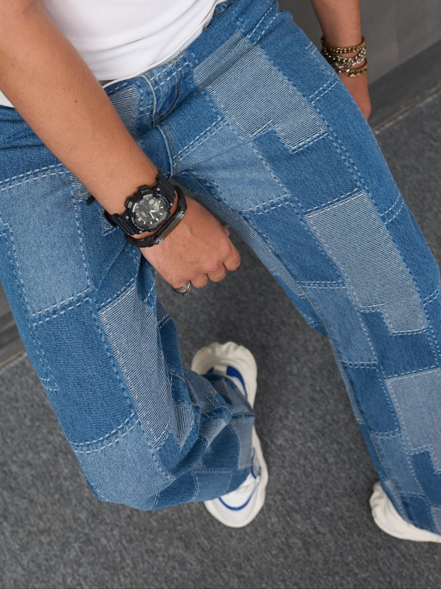 Mens TrendSETTING Patch Work Jeans - Comfortable Cotton Blend, Dramatic Wide Leg, Street Style Chic - For Fashion - Forward Men - La Tienda Bella