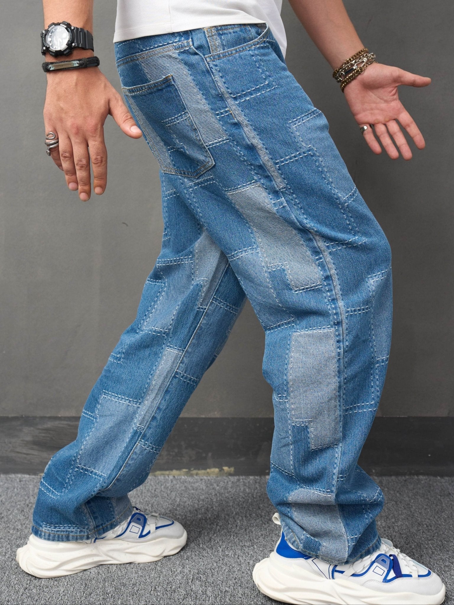 Mens TrendSETTING Patch Work Jeans - Comfortable Cotton Blend, Dramatic Wide Leg, Street Style Chic - For Fashion - Forward Men - La Tienda Bella