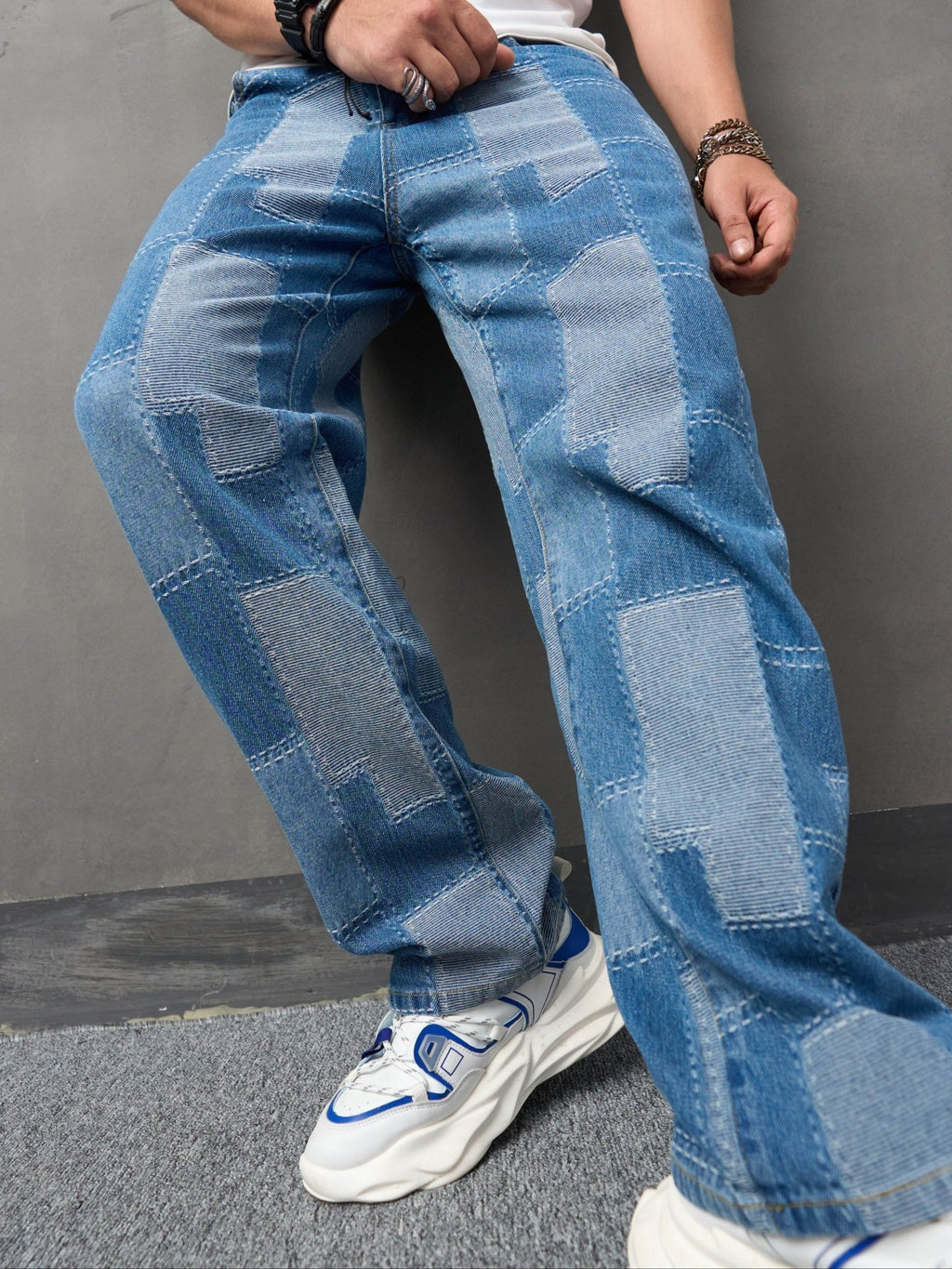 Mens TrendSETTING Patch Work Jeans - Comfortable Cotton Blend, Dramatic Wide Leg, Street Style Chic - For Fashion - Forward Men - La Tienda Bella